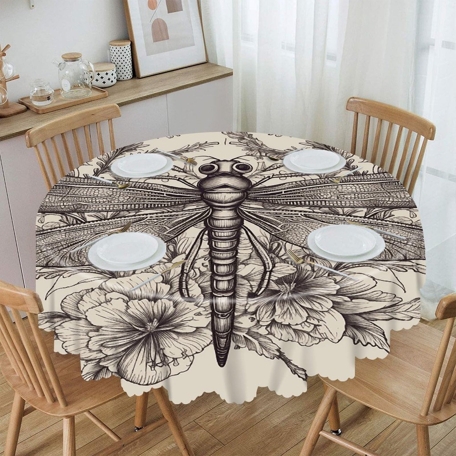 VstaDank Hand Drawn Floral Dragonfly Round Tablecloth Wipeable Round Polyester Tablecloth Waterproof Wrinkle Free Indoor and Outdoor Table Cover 60 Inch Decorative Farmhouse Table Cloth for Dining