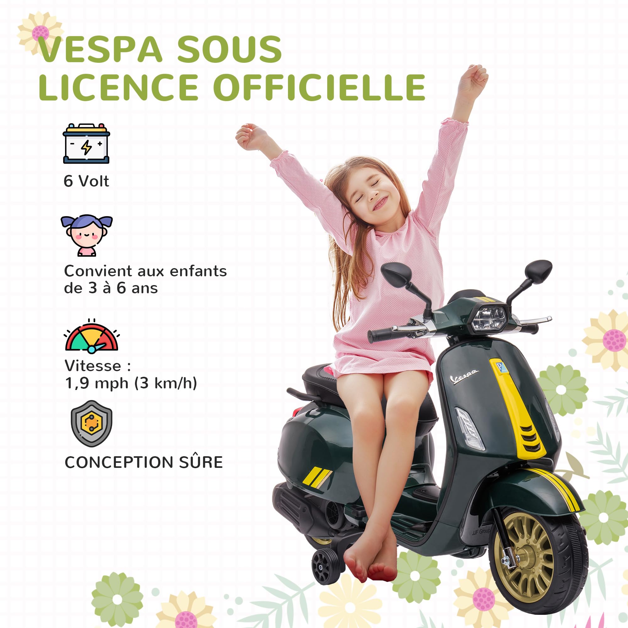 AIYAPLAY Scooter elettrico Vespa 6 V moto elettrica per bambini 3-6 anni dim. 107L x 47W x 73H cm Musica MP3 Porta USB Radio FM Faro 2 ruote di allenamento - Verde | Moto Elettrica Per Bambini 3-6 Anni, Musica MP3, Porta USB, Radio FM, Faro, 107L x 47L x