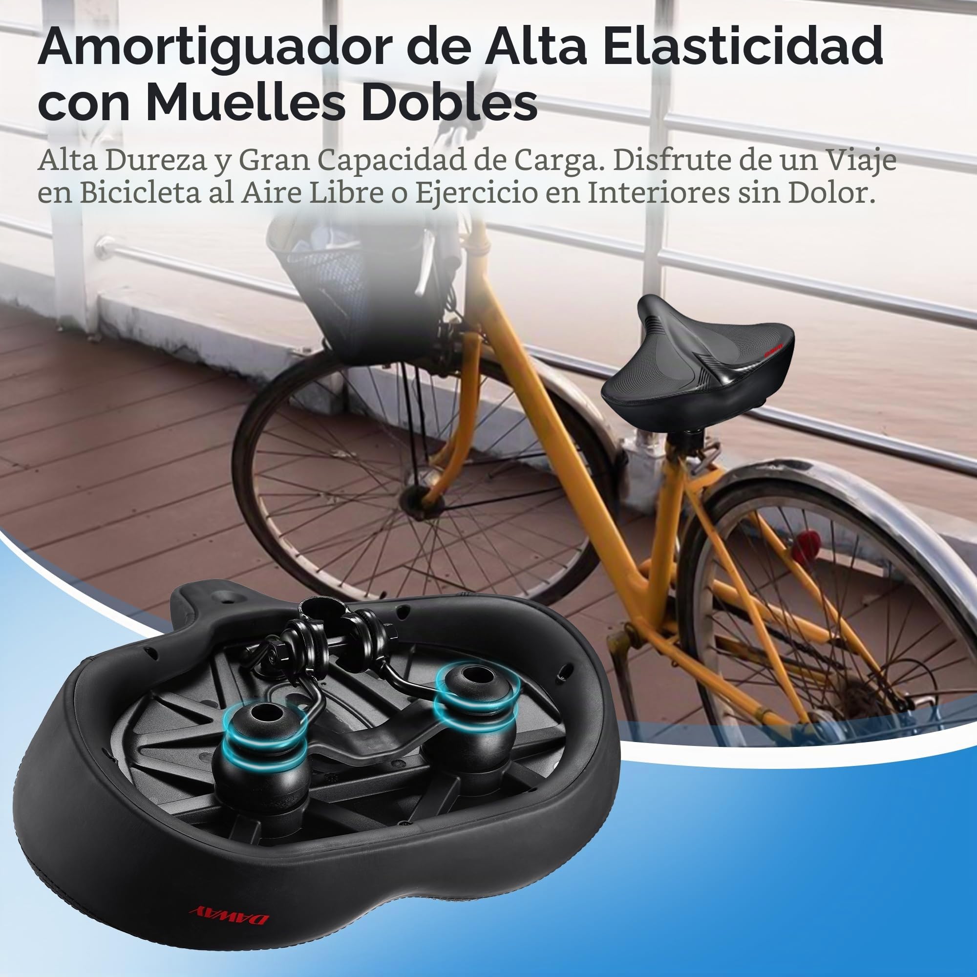 DAWAY W60 - Asiento de Bicicleta Extra Ancho, sillín de Espuma viscoelástica Ultra cómodo para Paseos en Interiores y Exteriores, ergonómico, con amortiguadores, Ajuste Universal para Peloton,