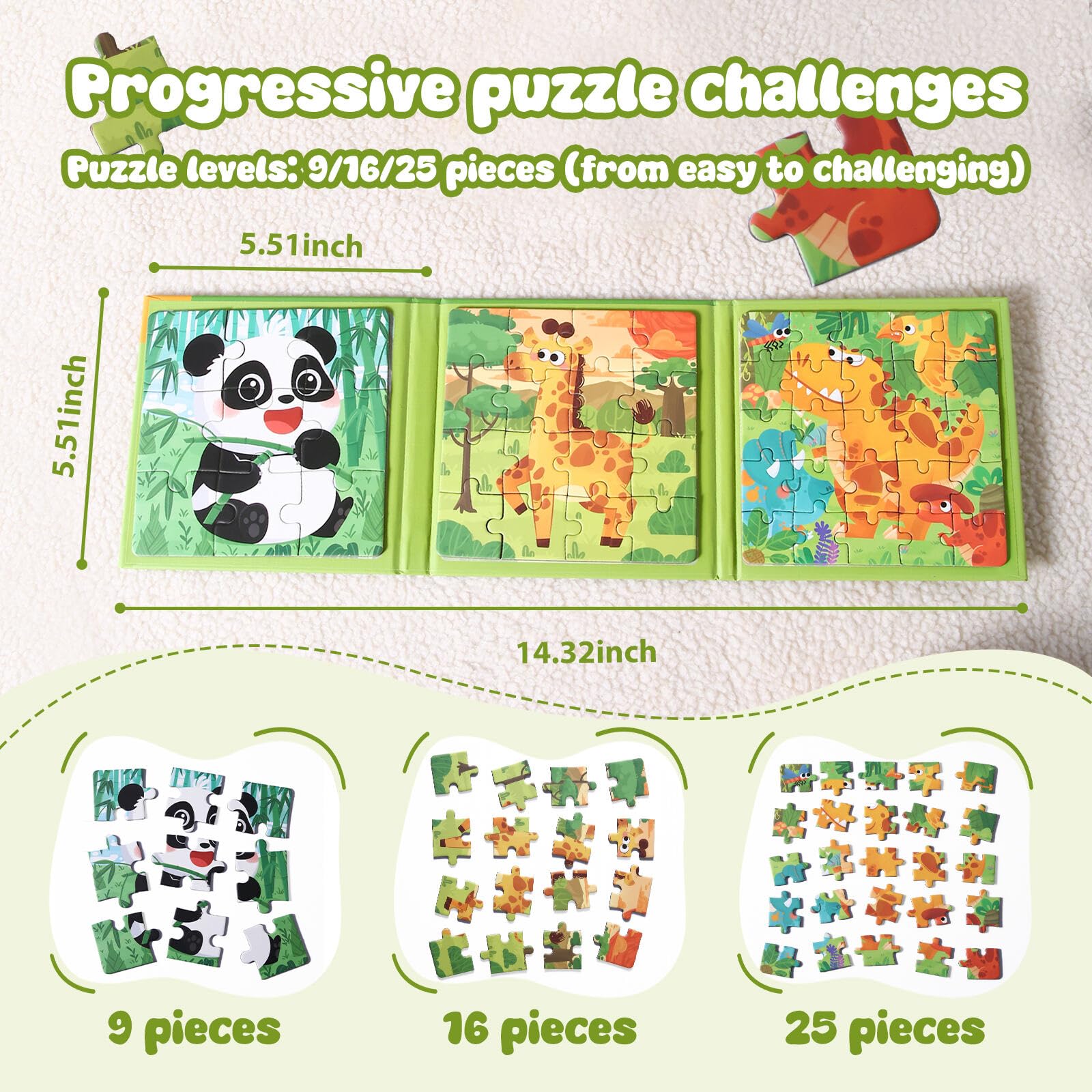GSINODRS Rompecabezas magnéticos para niños de 3 a 5 años, juguetes de aprendizaje Montessori 3 en 1 con 9/16/25 piezas, actividad de viaje para niños pequeños de 3 a 5 años, juego de rompecabezas pre