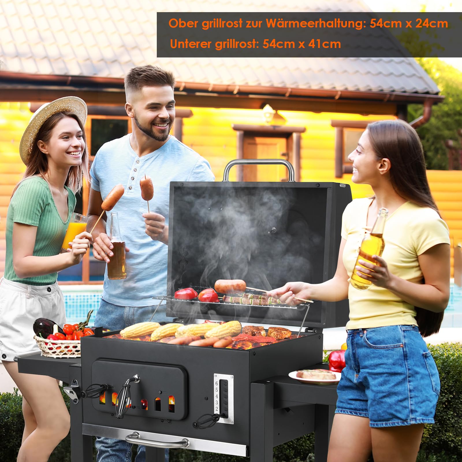 TLSUNNY Barbecue Charbon de Bois, Chariot à Barbecue XXL, Grand Grill XXL à Charbon avec Couvercle, Roues et Thermomètre, Réglable en Hauteur, Barbecue Fumoir, Noir | Chariot de barbecue au charbon de bois avec 2 roues, thermomètre et étagère, barbecue fu