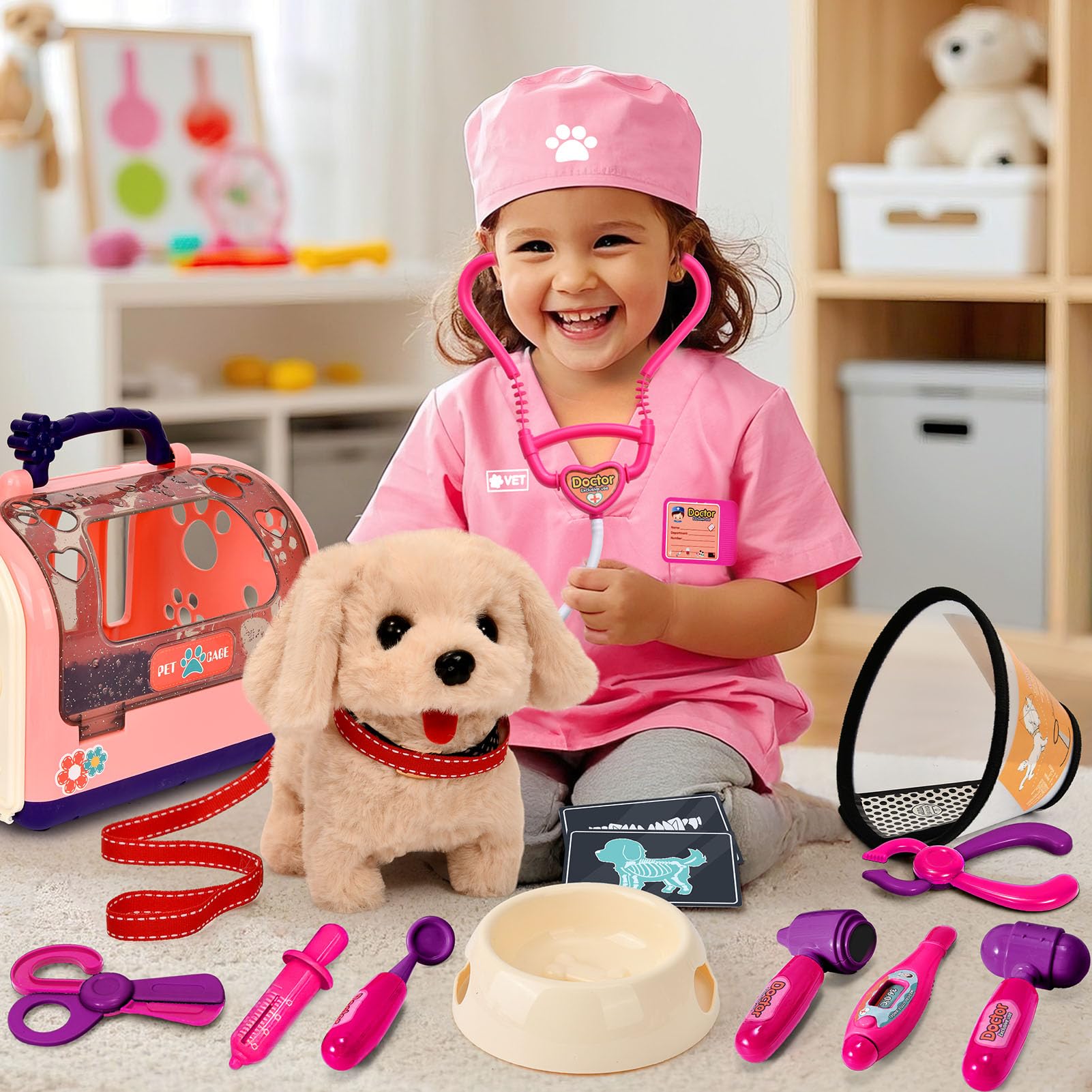 G.C Chien Jouet Enfant Électrique Chien Interactif avec Kit Docteur Déguisement Vétérinaire et Cage, Peluche Chien Qui Marche Aboie et Toilettage Jeu de Rôle Cadeau pour Fille Garçon 3 4 5 6 7 8 Ans