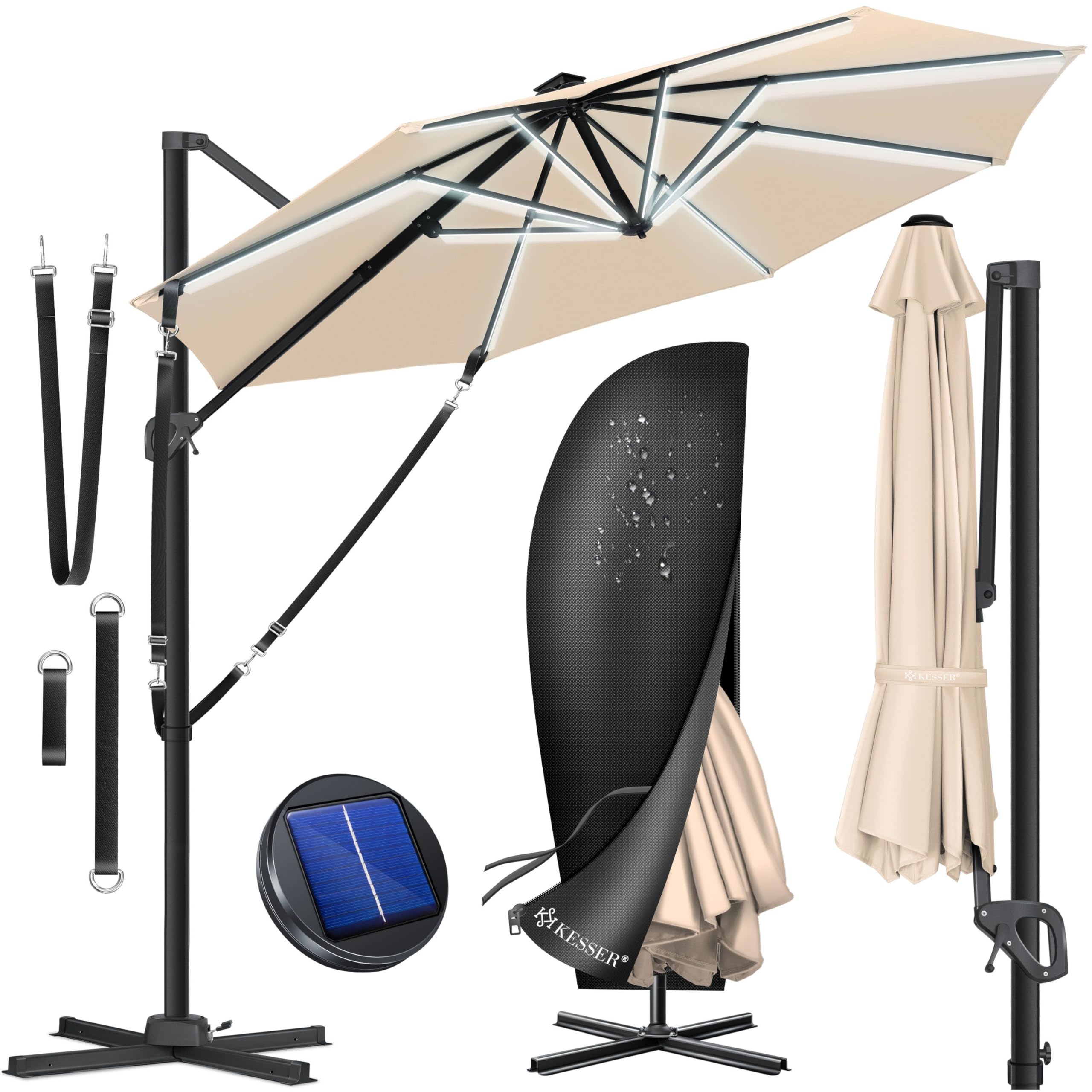 KESSER® Sonnenschirm Ampelschirm SUN Rund LED XL Ø330 cm, 7-Fach Verstellbar Drehbar Neigbar Kippbar Groß 360° Drehbar Gartenschirm mit Kurbel Sonnenschutz UV50+ Inkl. Windschutz & Abdeckung, Beige