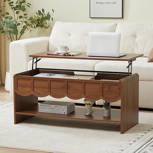 Mesa de centro elevable con compartimento oculto, mesa central de madera de 2 niveles con panel ondulado, moderna mesa elevadora para el hogar, sala