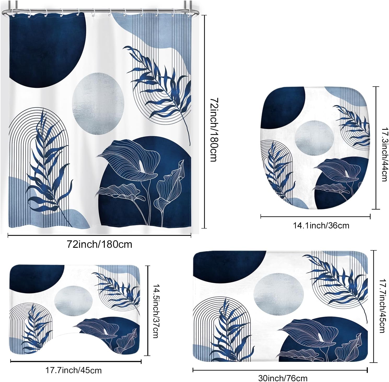 KOMLLEX 4Pcs Navy Blue Boho Shower Curtain Sets, Bath Mat and Toilet Lid Cover, Mid Century Modern Abstract Plant Geometric Minimalist Sun Bathroom Decor Set with Rugs and Accessories, 12 Pack Hooks