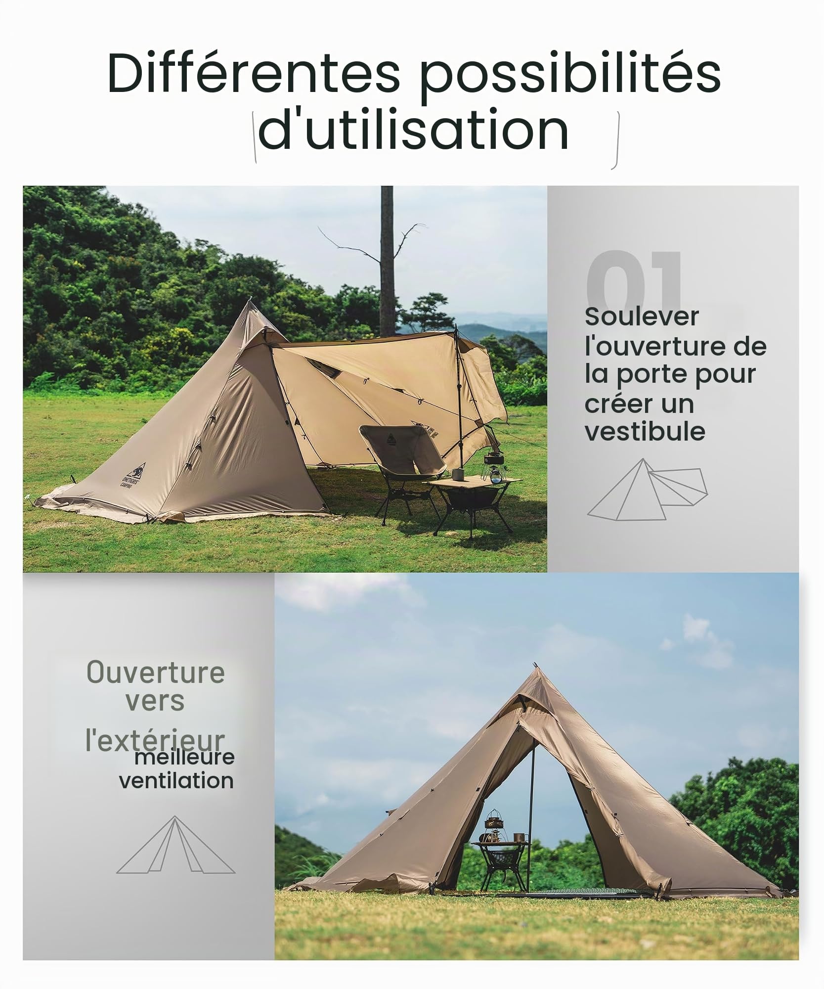 OneTigris Smokey Hut Tente ultra légère pour 2 personnes, 4 saisons, imperméable, 3000 mm, tente chaude avec trou de cheminée et jupe pare-neige pour camping, randonnée, coyote de randonnée Marron