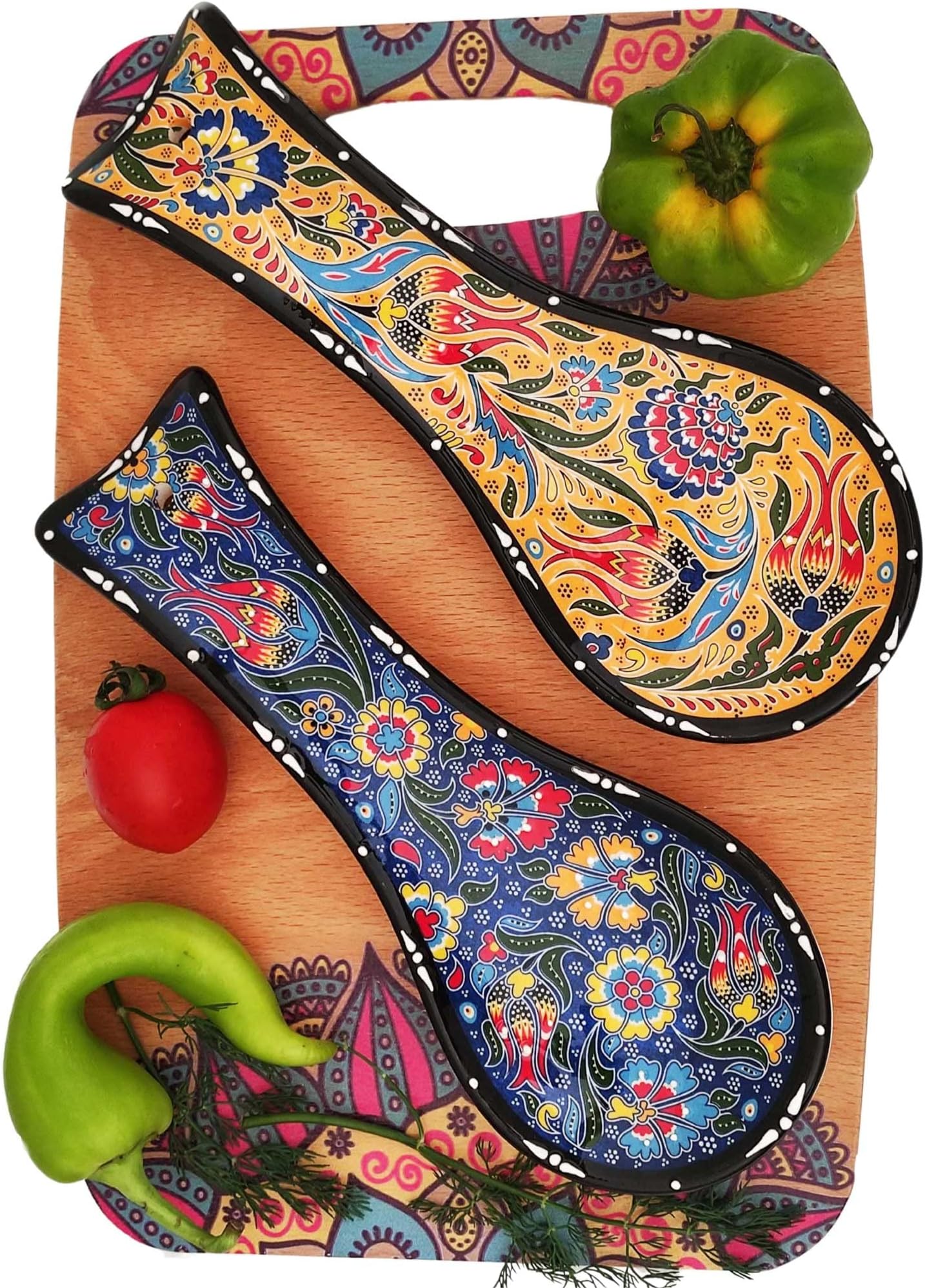 Handcrafted Turkish Ceramic Spoon Rest Set of 2-9" Large Spoon Holder for Stove Top - 100% Lead-Free & Heat Resistant - Decorative Ottoman Tulip Patterned Utensil Rest - Dishwasher Safe