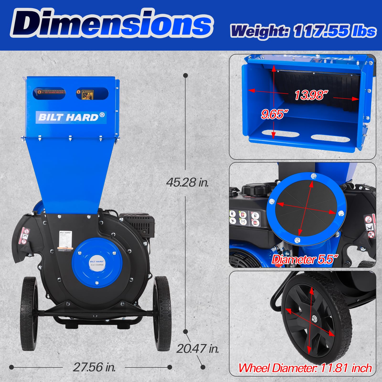 BILT HARD Wood Chippers Gas Powered - 7.5 HP 224cc Gas Powered Shredder, 2 in 1 Multi-Function Heavy Duty, 3