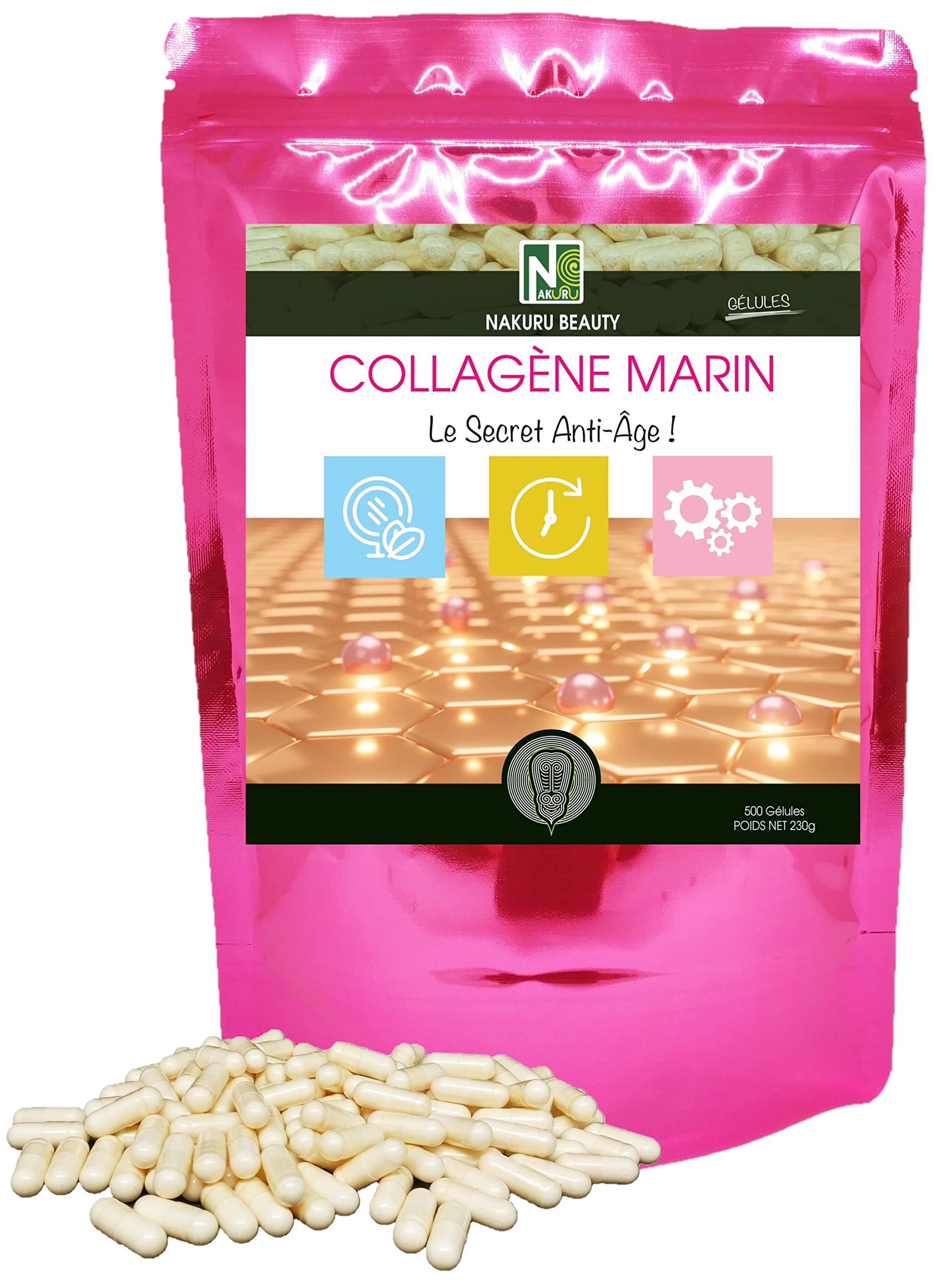 NAKURU | Collagène Marin | Gamme Beauty | Fabriqué en France | "Le Secret Anti-Âge !" | (500 Gélules de 460mg / Poids Net: 230g)