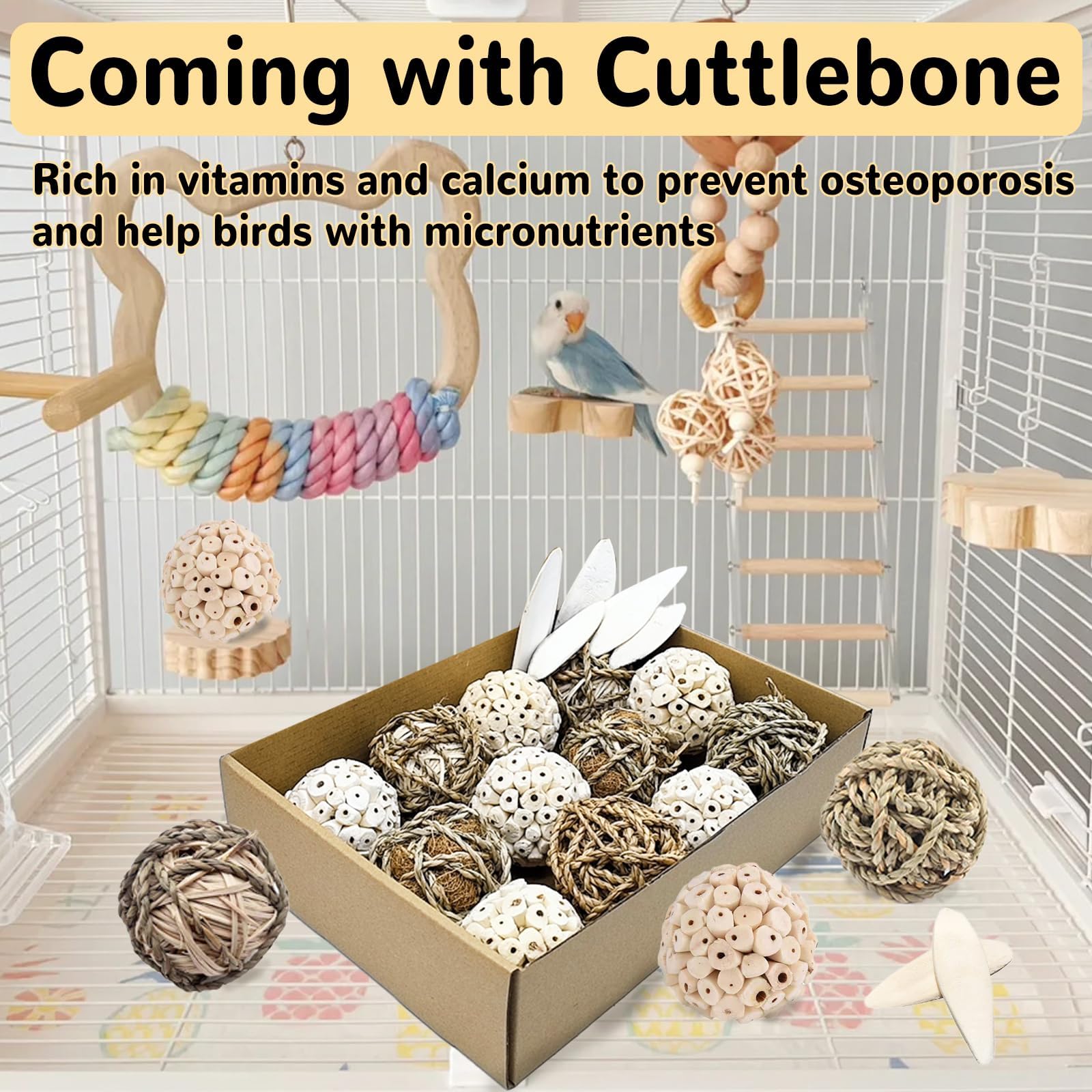 Bird Toys Sola Balls - Juguetes para periquitos con bolas de hierba suave natural para masticar loros, conures, conejos, hámster, cobayas, chinchilla. (Estilo 2, 18 piezas)
