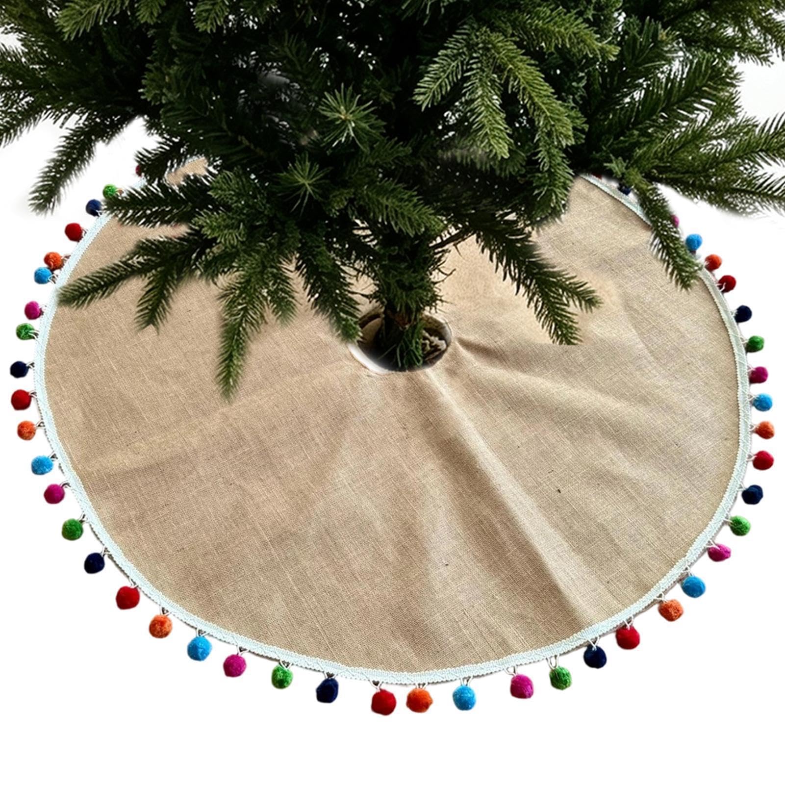Tapis De Sapin Base Décorative en Jute Naturel Agrémentée de Pompons | Décorations Noël Rustiques Et Fermières Pour Fêtes Halloween Thanksgiving Automne Été Intérieur Extérieur Maison