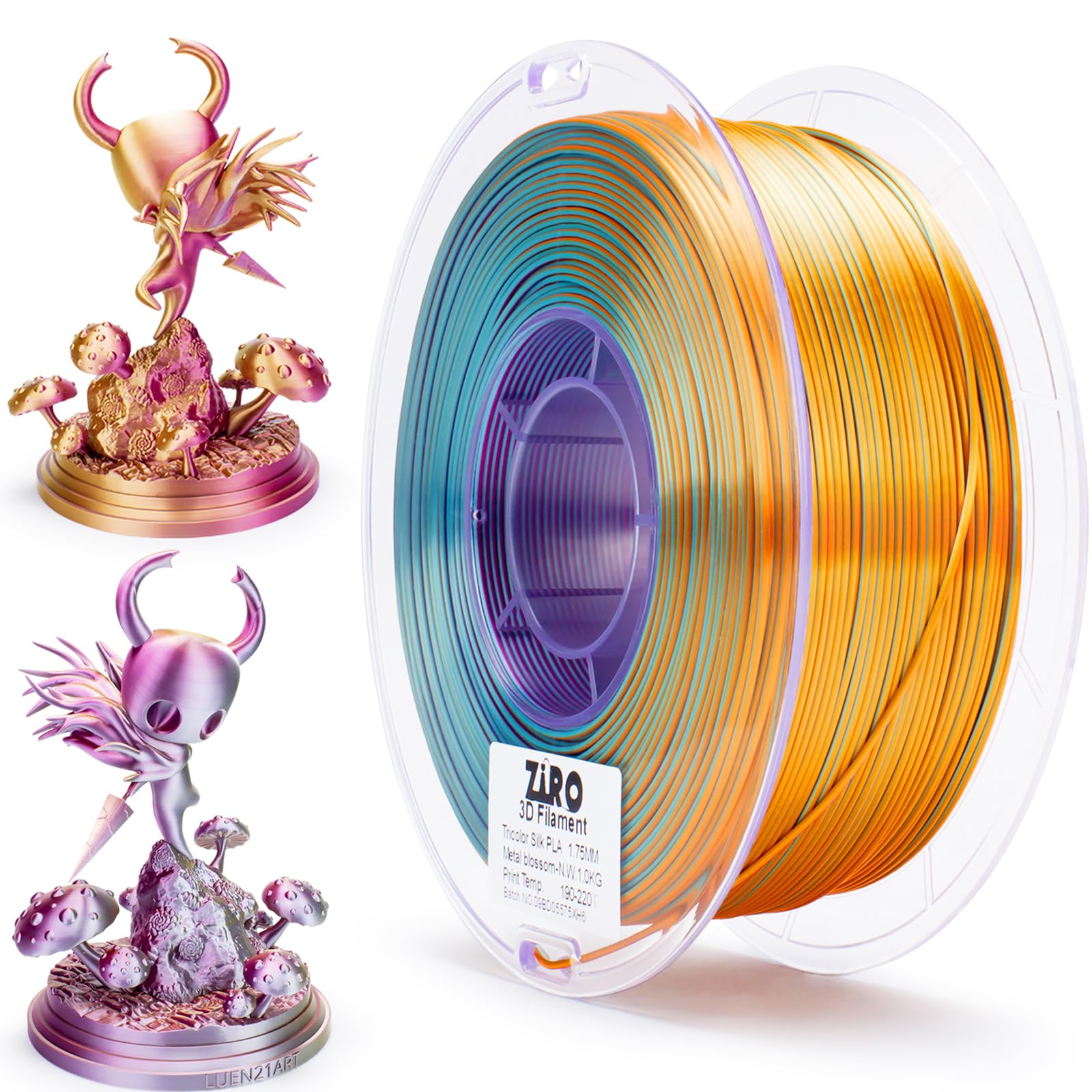 ZIRO Silk Multicolor PLA Filament 1.75mm, Silky Tri-Color 3D Printer Filament, Dimensional Accuracy +/-0.03mm, Fit Most FDM 3D Printer, 1KG Spool, Metal Blossom
