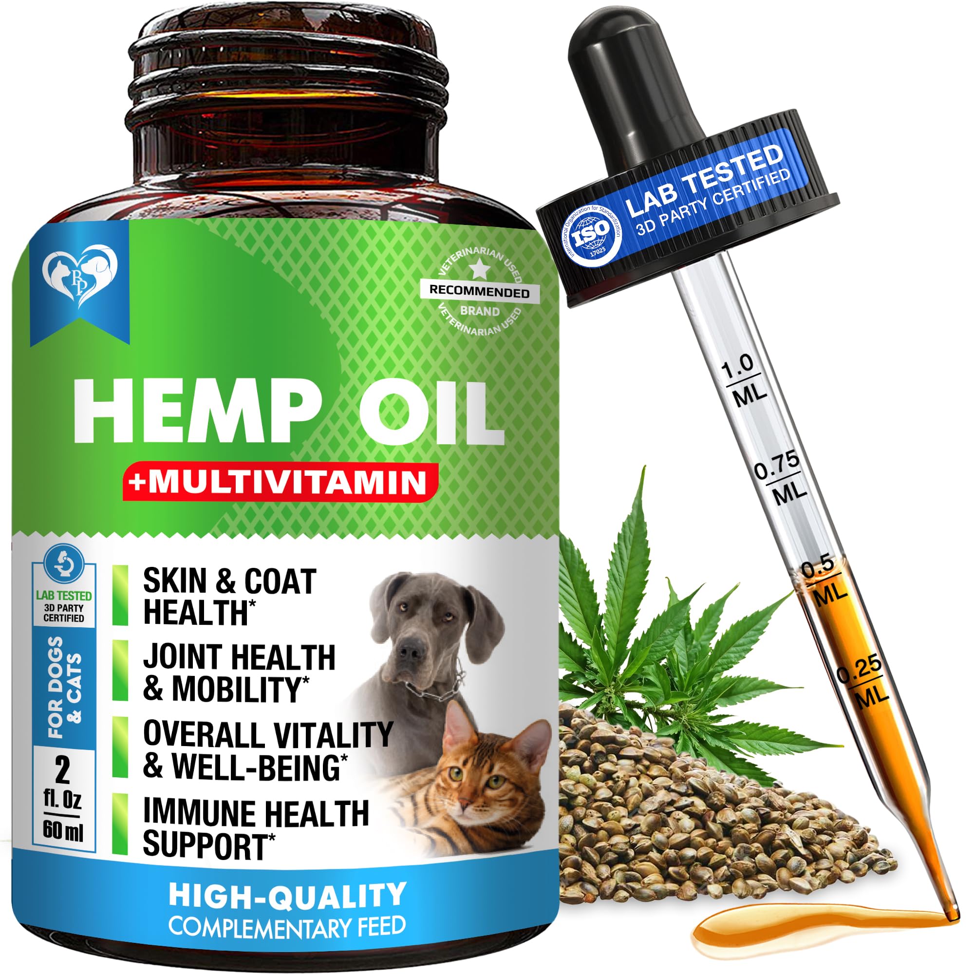 Hemp Oil Drops with Multivitamins for Dogs & Cats – Supports Calm Behavior, Joint Mobility & Skin Health – Natural Liquid Pet Supplement for Daily Wellness (60 ml)