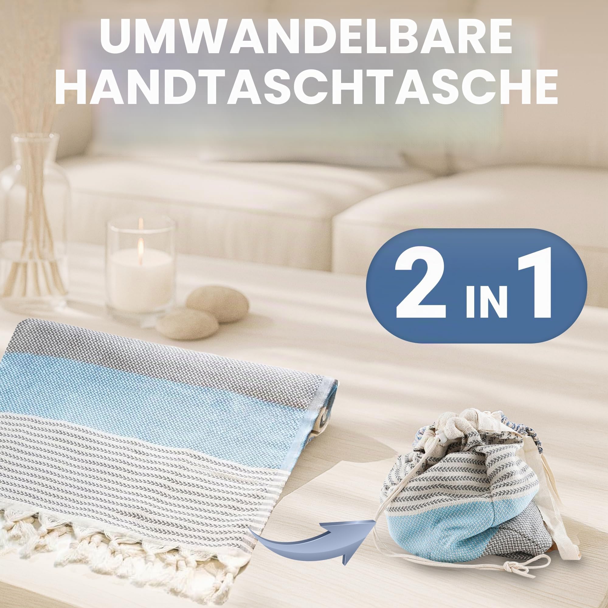 ATANI Türkisches Strandtuch, in eine Tasche umwandelbar, übergroßes Badetuch aus 100 % Baumwolle, leichtes und schnelltrocknendes Strandtuch für Reisen, Picknick, Camping, Yoga und Pool
