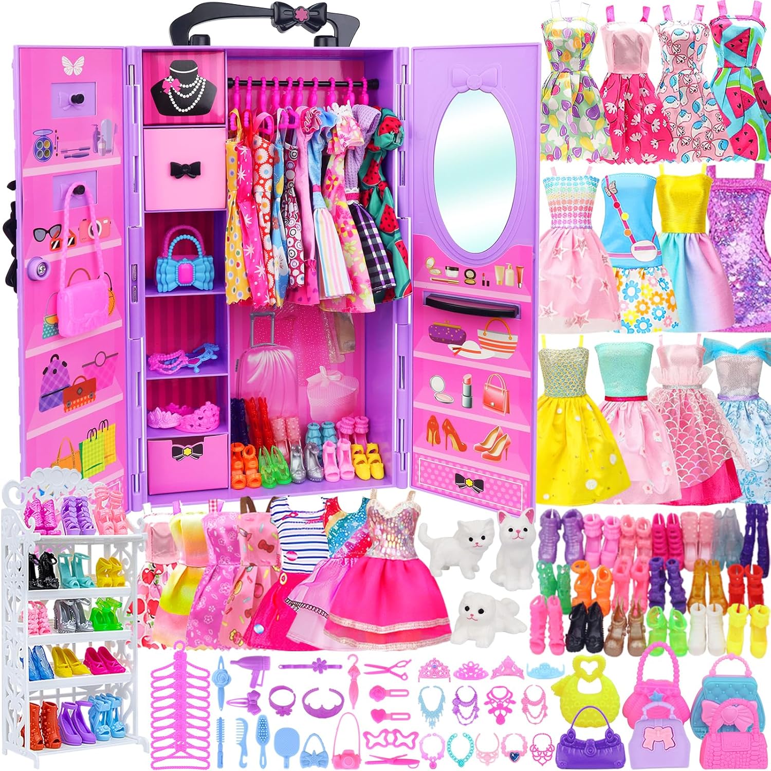 Ecore Fun 86 Pcs Doll Accessories with Closet Wardrobe for 11.5 Inch Dolls Dress Up Set Including Wardrobe Handbags Dress Shoes Hangers Necklace Pet and Other Accessories (No Doll)…