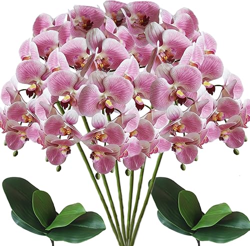 6 flores artificiales de Phalaenopsis con orquídeas falsas con 2 hojas para decoración (rosa)