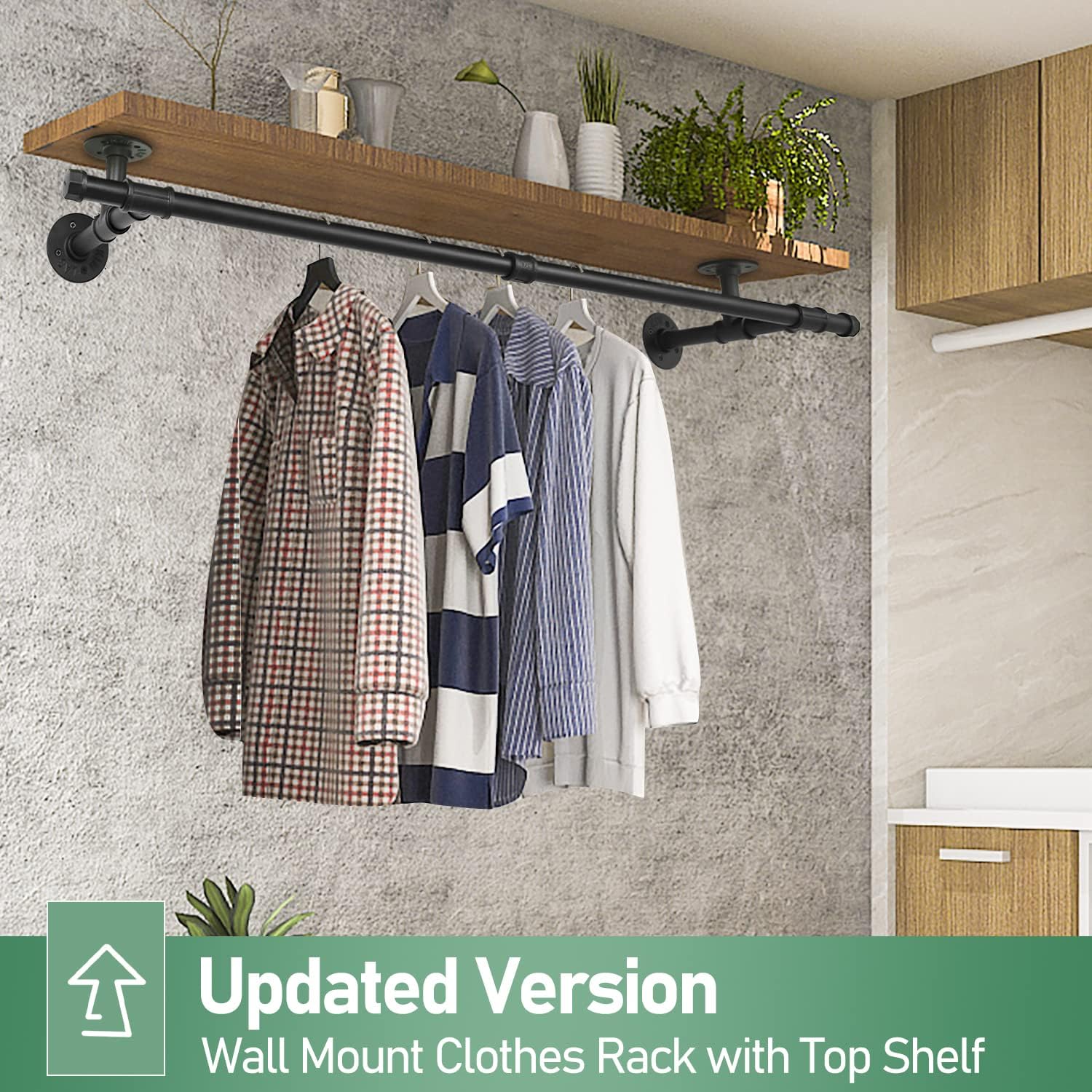 48'' Wall Mounted Clothes Rack Iron Industrial Pipe Clothes Rod with Top Shelf Pipe Rack (Wood Plank Not Included)