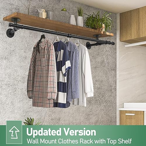 Miniatura 4 de Perchero de pared de 48 pulgadas, barra de ropa industrial de hierro con estante superior (tabla de madera no incluida)