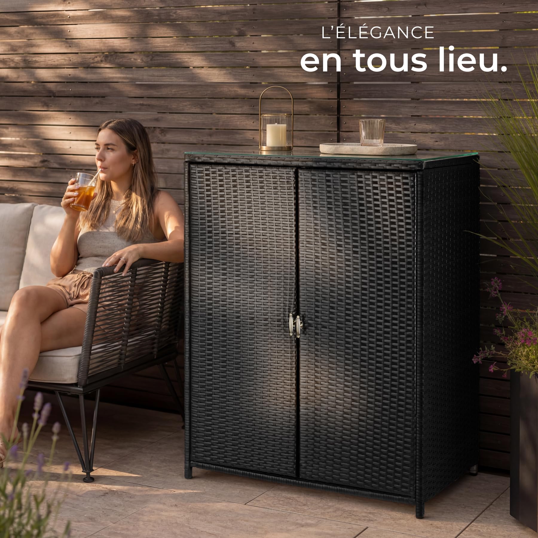 Tectake Armoire de Jardin 84,5x40,5x103,5 cm Résine tressée Aluminium 2 Portes 3 étagères 75 kg