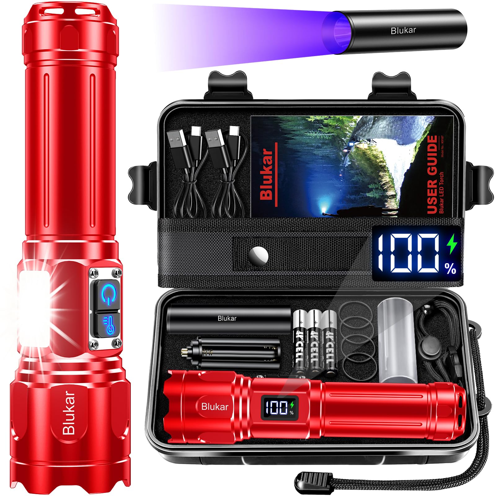 Blukar Taschenlampe LED 2 Farbtemperatur mit Hauptlicht & Seitlich COB-Licht, Aufladbar Extrem Hell Stufenlos Dimmbar Taschenlampen Zoombar Handlampe, 7 Modi Wasserdicht Flashlight für Outdoor Notfäll