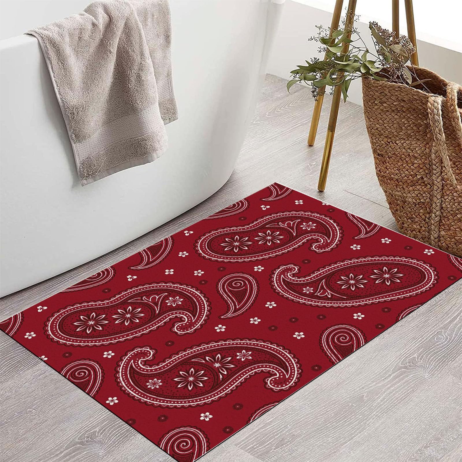 Ultradünne Ethnische Paisley-Blumen Fußmatte Für Innenbereich, 80X120Cm Waschbar Teppich Für Eingangsbereich, Retro-Exotik Schmutzfänger Fussmatten, Rot rutschfeste Eingangsmatte