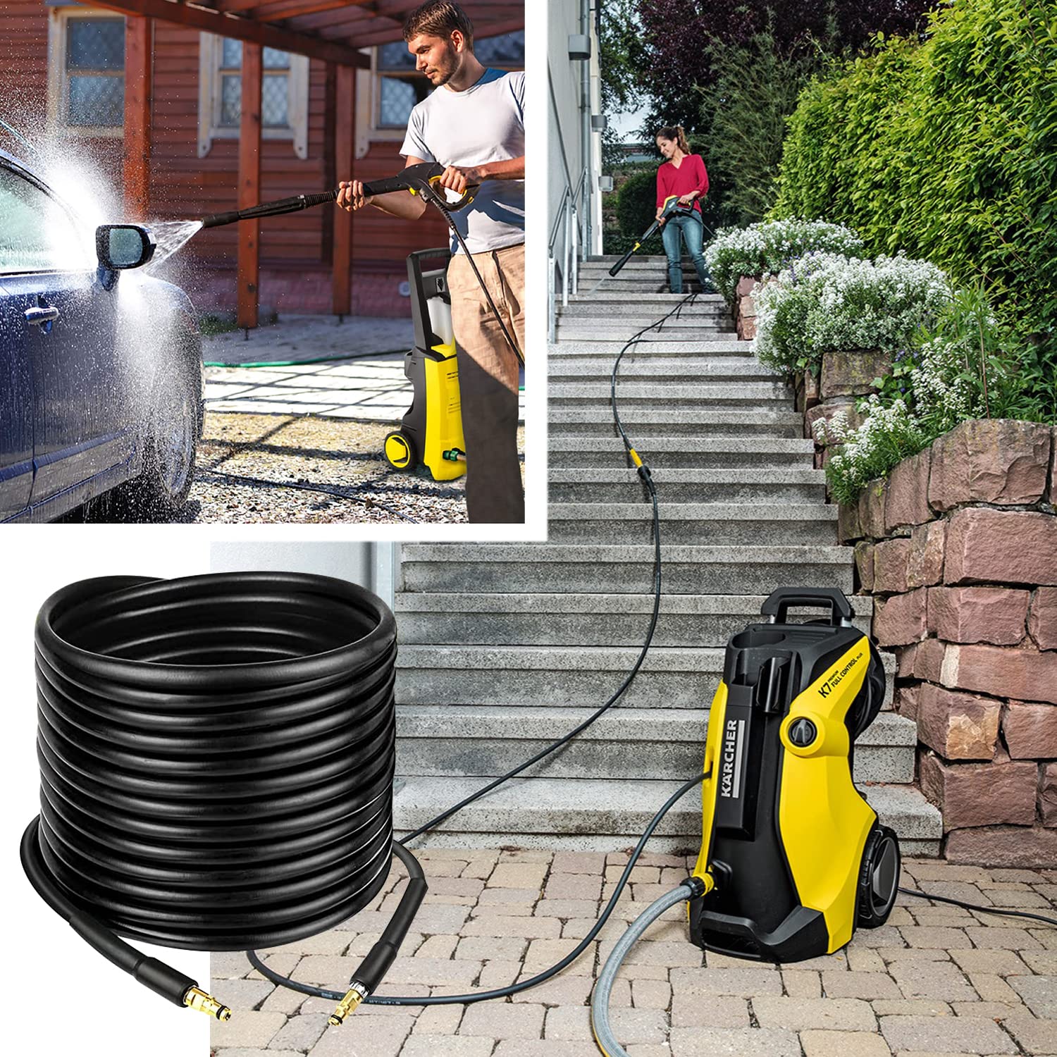 Manguera de repuesto de lavadora de alta presión de 15 m para lavadoras a presión domésticas Kärcher K Series K2, K3, K4, K5, K7, accesorios de extensión de tubo de limpieza de agua, conector rápido