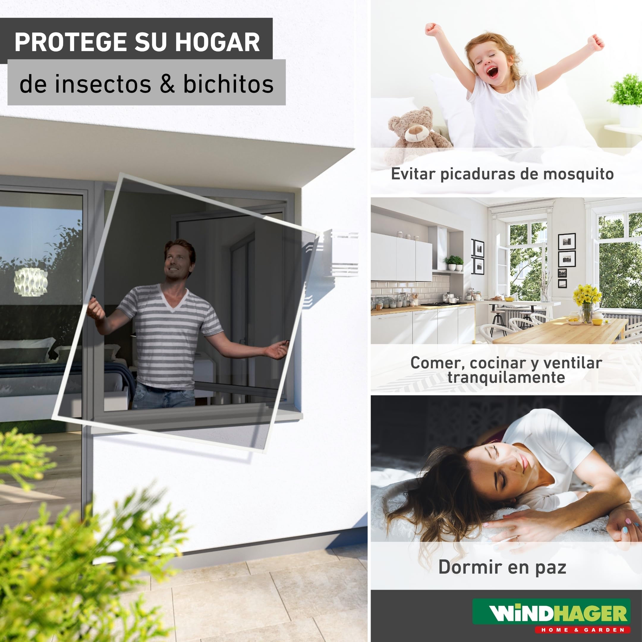 Windhager Mosquitera y Marco de protección Solar, Reduce la luz Solar, mosquitera, Marco de Aluminio para Ventanas, Kit de Montaje 140 x 150 cm, Color Blanco, 03286