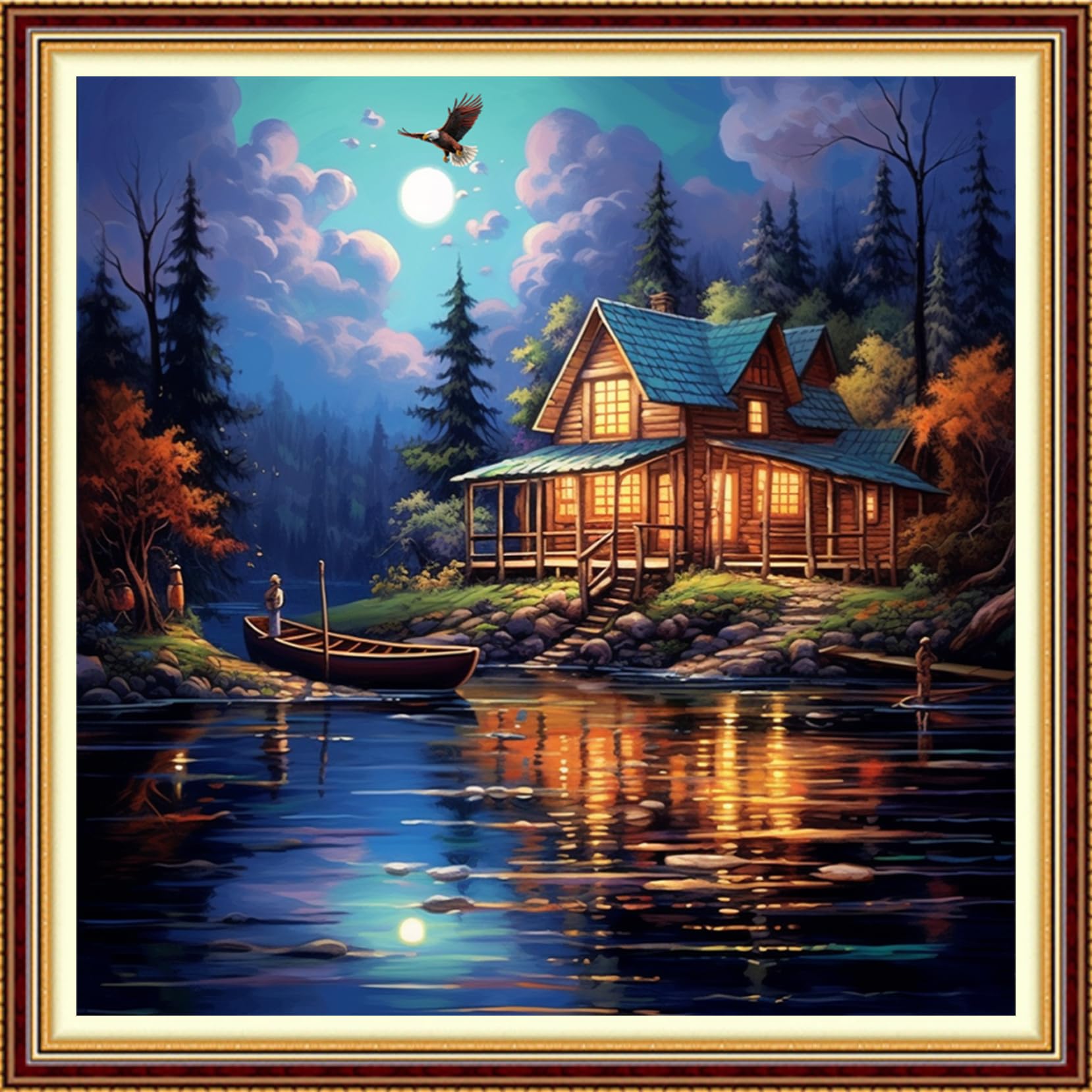 Funchey Stamped Cross Stitch Kits, DIY Cross Stitch Pattern for Adults Beginners Needlepoint Kits Embroidery Kit Arts and Crafts 11CT- Night View by the Lake 18x18 inch