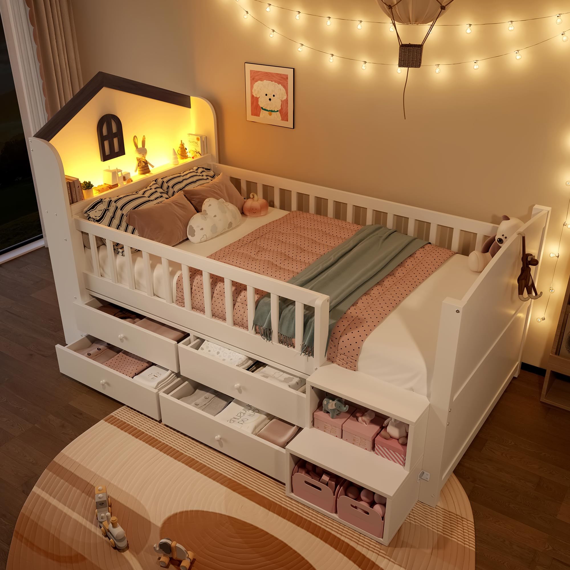 Mrwoo Kinderbett 90x200 cm mit LED-Lichtleiste und 4 Schubladen, Holzbett mit Hausform und Fenster, Stauraumbett mit Treppe Stauraum, Halbhohes Bett, Weiß(Ohne Matratze)
