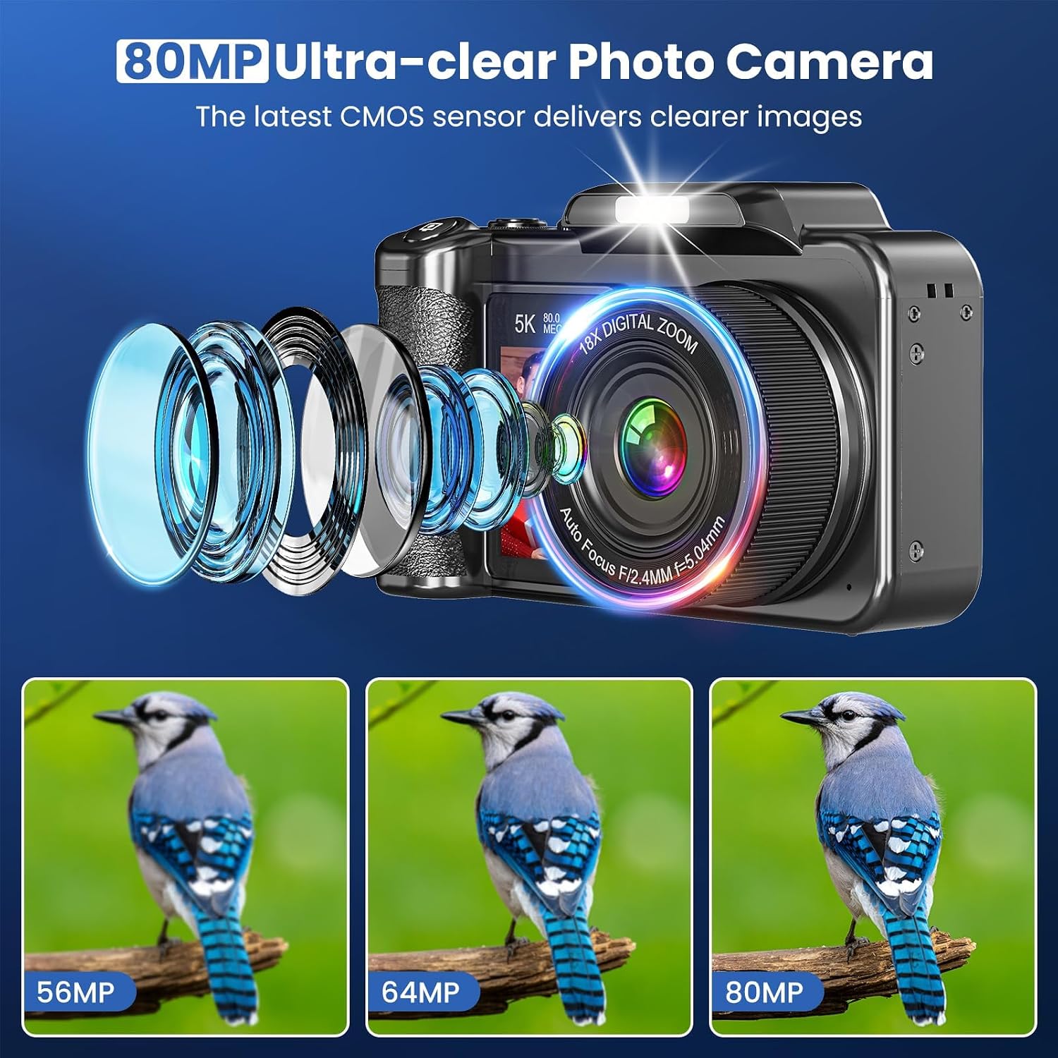 Digital Camera, 5K 80MP 3.5"+2" Dual Screen Cameras for Photography Autofocus, 18X Digital Zoom Vlogging Camera for YouTube, Travel, Beginners, Include 64GB Card and 2 Batteries, Black