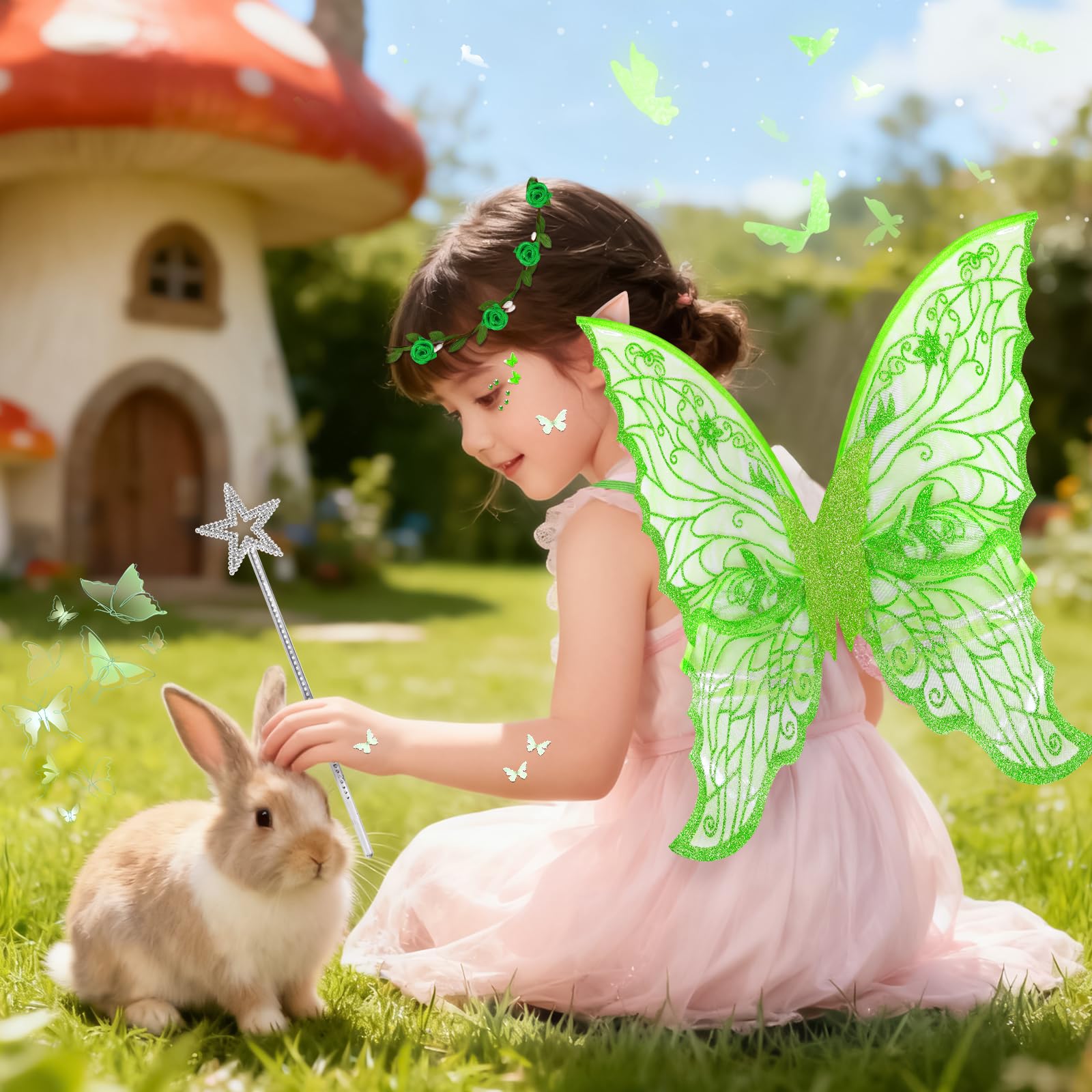 5 Pezzi Ali da Fata a Forma di Farfalla,con Orecchie da Elfo,Cerchietto da Fata,Bacchette di Fata a Stella,Adesivo Farfalla,per Carnevale,Compleanno,Giochi di Ruolo.3-12(Verde)