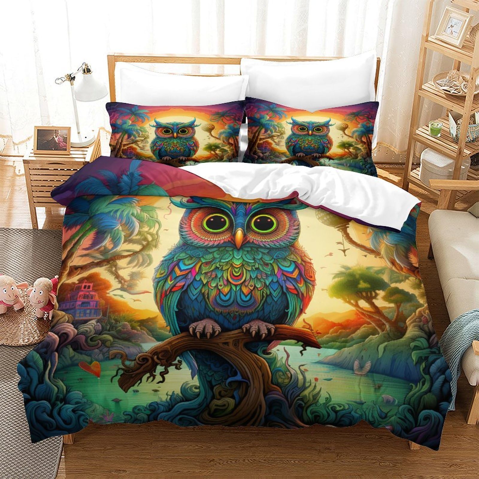 YYVKPMLXC Owl 3D Duvet Cover,Psychedelic Nature Landscape Bedding Bed Sets Soft Microfiber Quilt Cover 3pcs, Comforter Cover with Zipper Closure for Kids Teens Adults Bedding King（220x240cm）