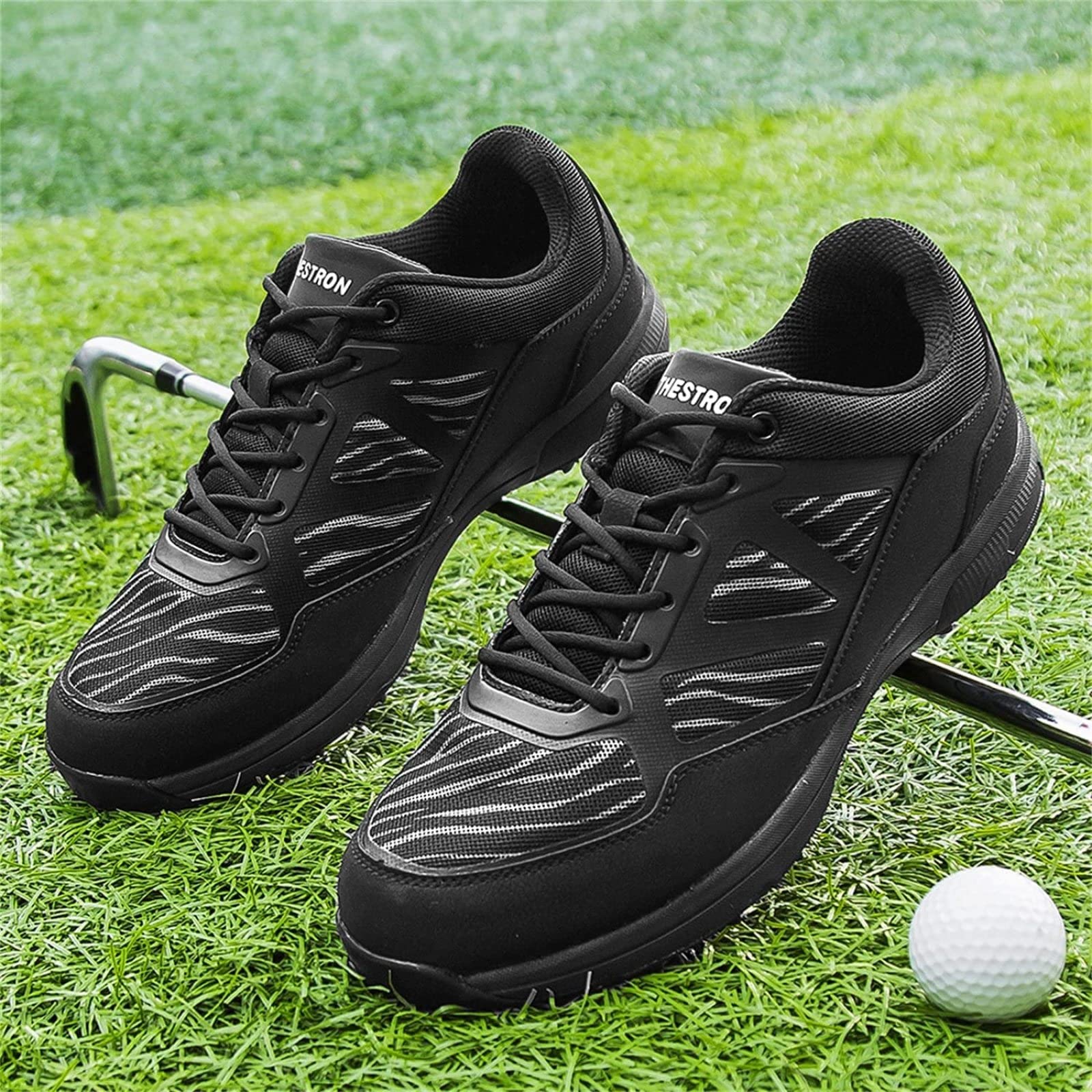 ZKHD Męskie buty golfowe, lekkie oddychające golfa sportowe trampki profesjonalne bez kolców wygodne tenisówki do gry w golfa sznurowane antypoślizgowe trampki do biegania, czarne-36 UK
