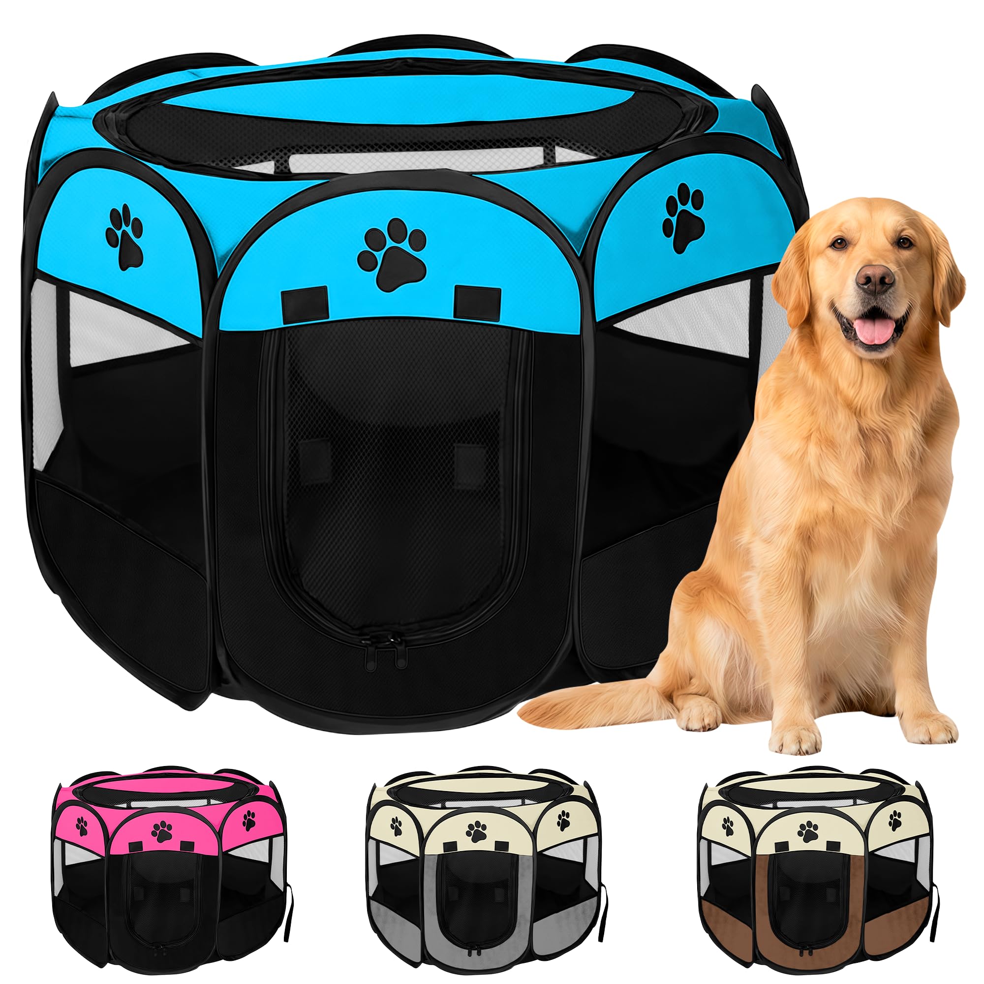 JUPPLIES Parque para Perros Plegable 114x114x58 cm – Corralito Portátil de Tela Oxford Impermeable para Mascotas Medianas - Ideal para Viajes, Juegos o Descanso en Casa y Exterior – Azul