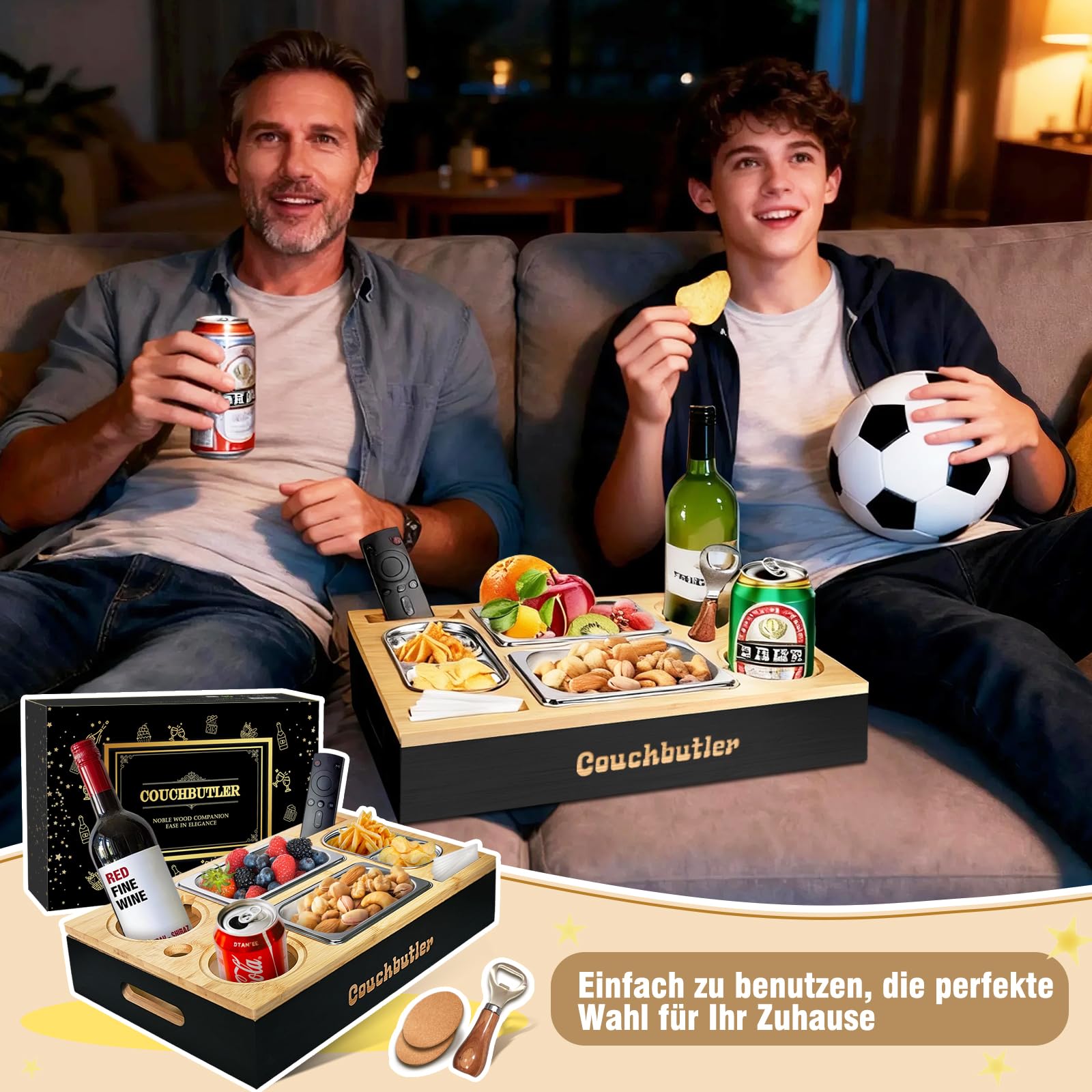 Couchbar Snackbox Couch Tablett mit Geschenkbox Couch Butler Sofa Tablett mit 2 Snackschalen Getränkehalter Snackbar Organizer mit Flaschenöffner Schwarz