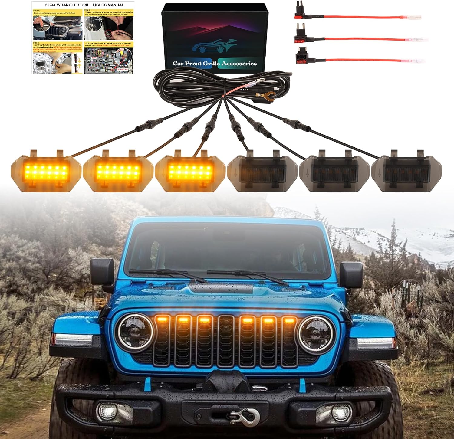 Led Grill Grille Lights for 2024 2025 2026 Jeep Wrangler JL Jlu Sport Front Grills Lights Accessories 6pcs/Sets Amber LEDs