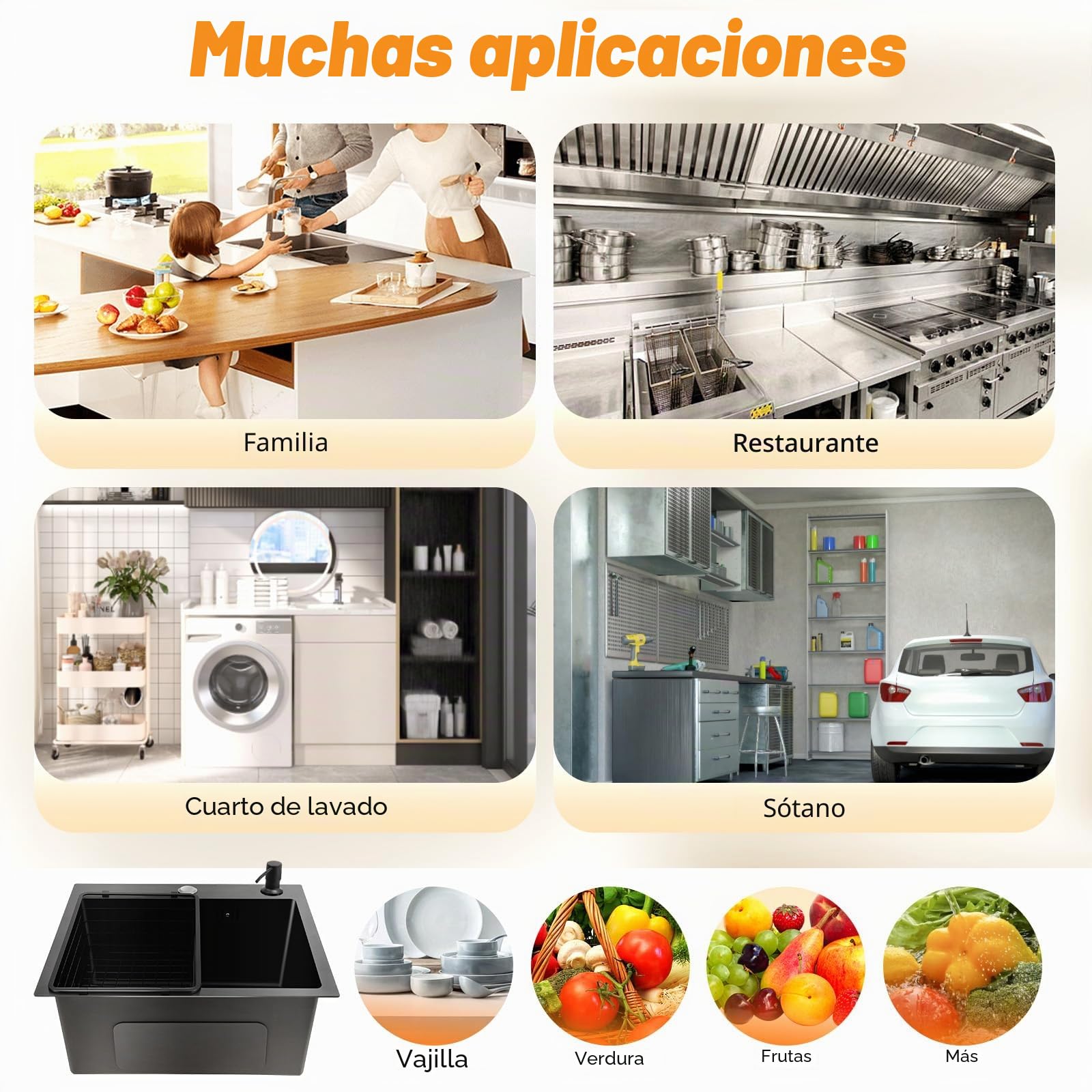 Fregadero de cocina 45 x 40 cm, empotrable, fregadero de acero inoxidable fregadero cocina negro, fregadero 1 seno con desagüe y escurridor y dispensador de jabón
