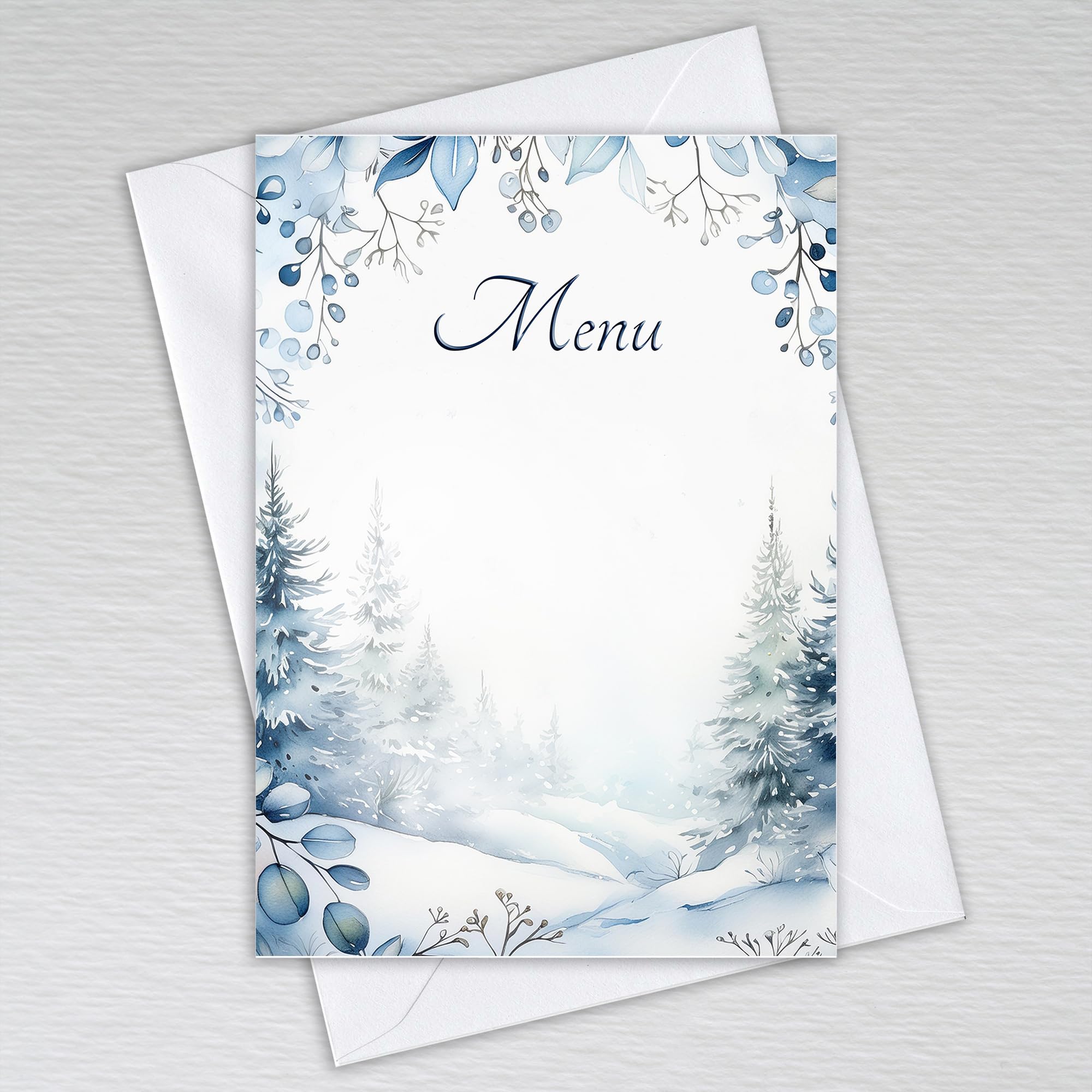 Dusty Blue Winter Blank Wedding Menu Cards for Tables with Envelopes/Write Your Own Menus with our Blank Choice Card/Snowy Forest: Dusty Blue Winter Menu Cards (Pack of 50 with Envelopes)