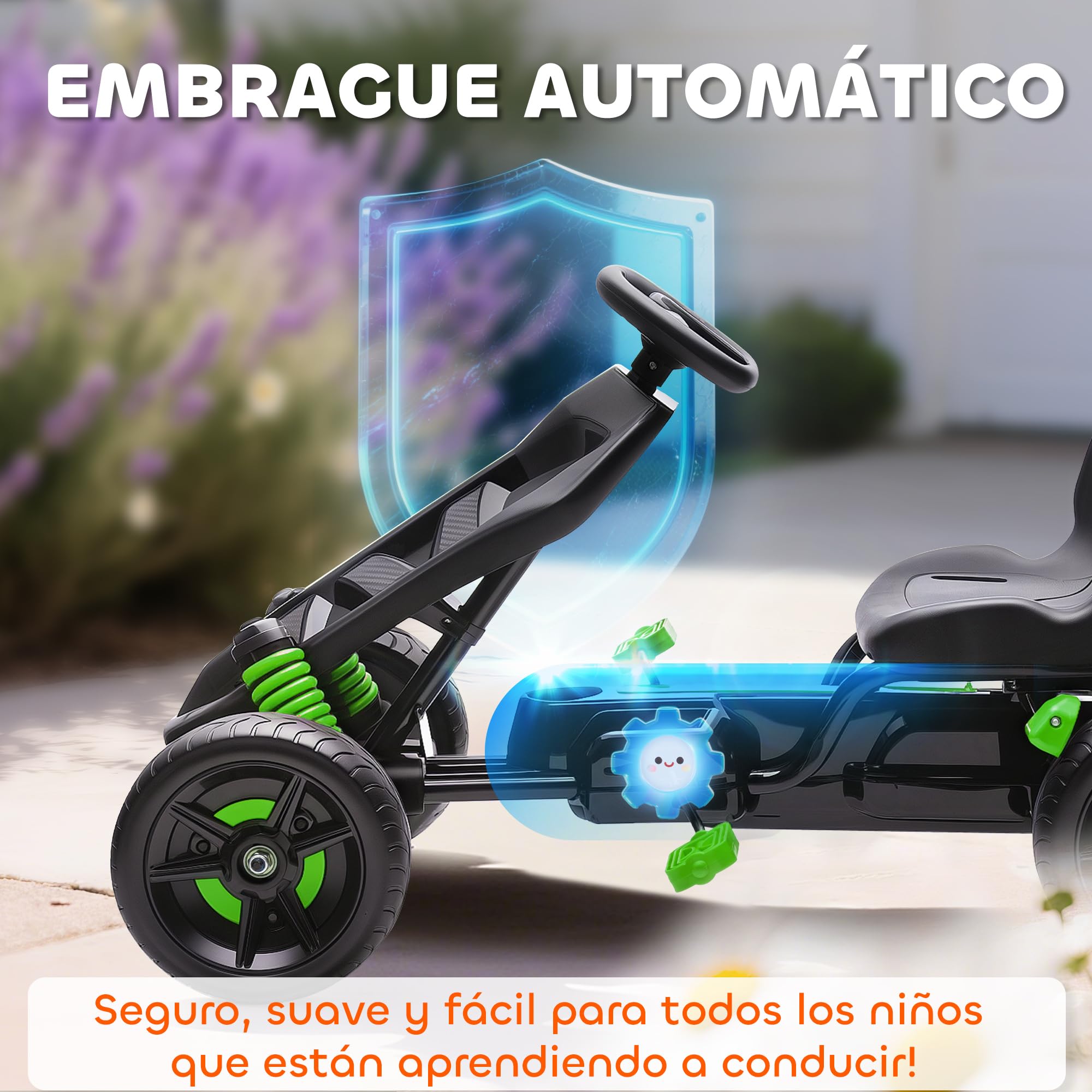 AIYAPLAY Kart Pedales para Niños de +3 Años Go Kart con Embrague Automático Freno Ruedas Antideslizantes de EVA y Marco Metálico Carga 50 kg Verde