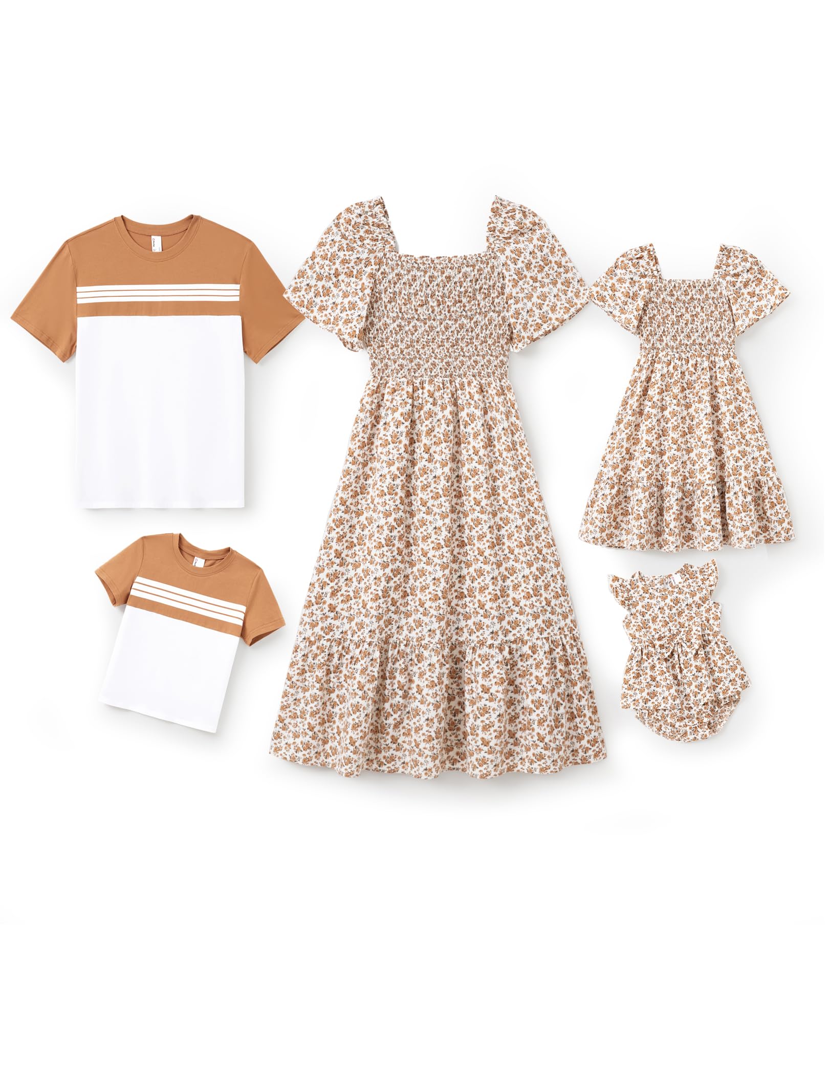 PATPAT Family Matching Outfits Boho Floral Print Square Neck Puff Sleeve Smocked Dress and Short Sleeve T-Shirts Matching Set