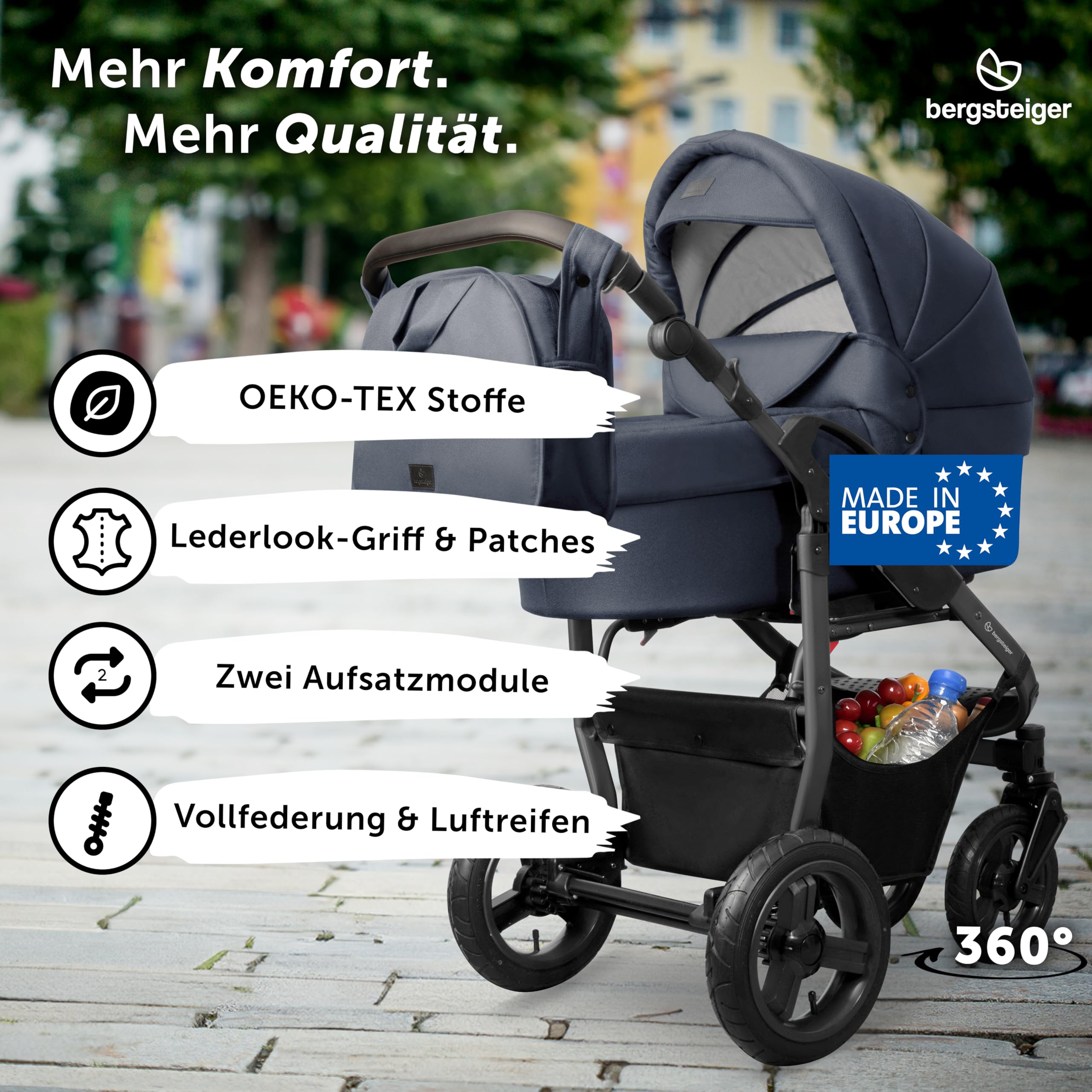 Bergsteiger Capri Kombikinderwagen 3-in-1 Babywanne Sportsitz Babyschale | Komfortables Reisesystem ab Geburt mit Luftreifen Rahmenfederung verstellbarem Griff Platzsparend faltbar und Wickeltasche
