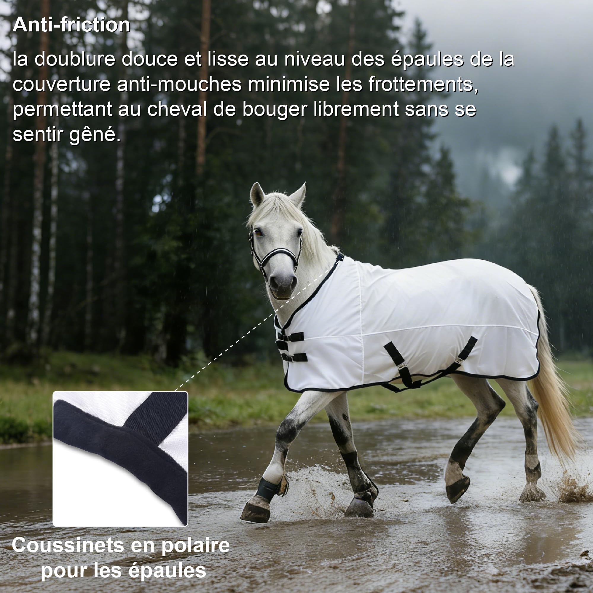 Couverture Anti-Mouches en Maille pour Chevaux, Protection UV, Légère et Respirante, Ajustement Réglable, Encolure Standard, pour l'Été dans Les Paddocks et Les Écuries, Blanc 130cm