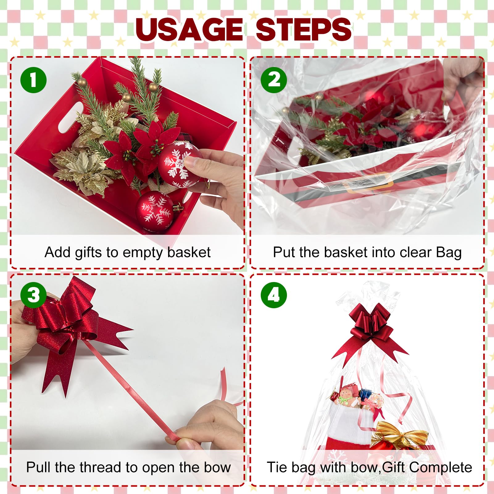 Weihnachtskörbe für Geschenke, leer, 21,6 x 25,4 cm, mit Weihnachtsschleifen, transparente Geschenktüten, roter Weihnachtsmanngürtel, leere Geschenkkörbe, Set zum Befüllen für Winter, Weihnachten,