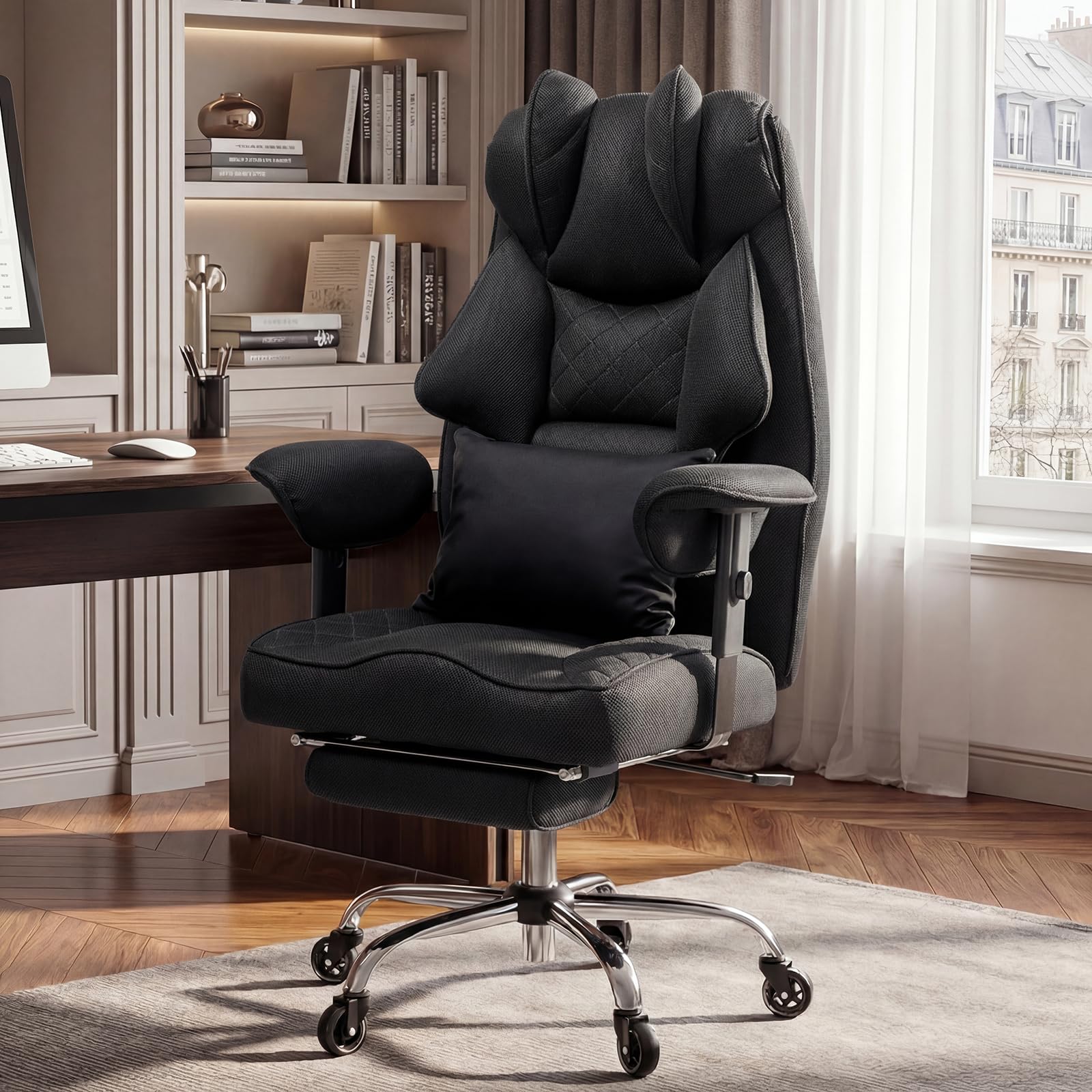 Ergonomischer Bürostuhl 200kg, XXL Chefsessel Fußstütze Homeoffice | XXL Schreibtischstuhl Ergonomisch, 90–135° Rückenlehne, W-Form Sitzkissen, Lendenkissen, Mesh Stoff Schwarz