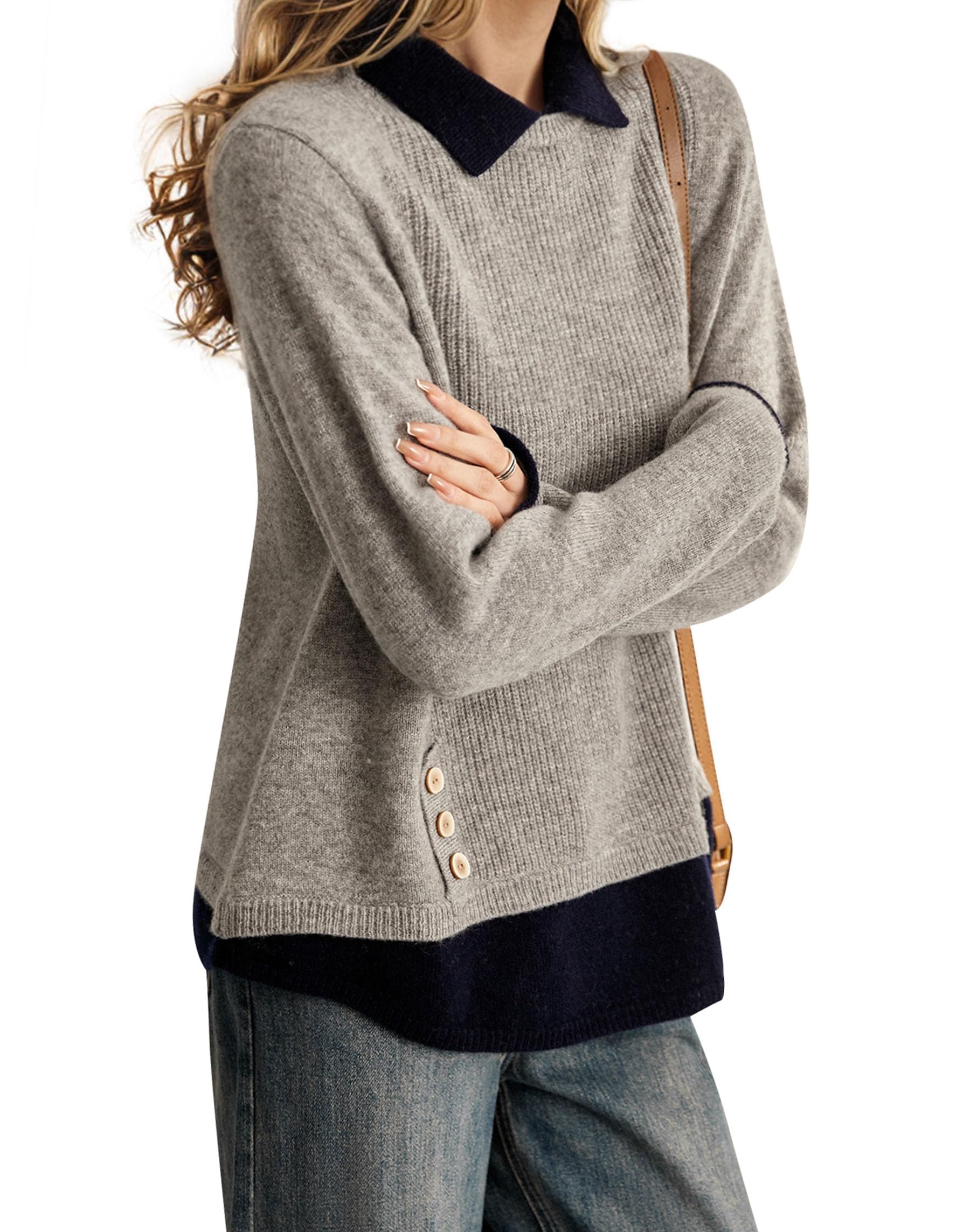 LAI MENG FIVE CATS Womens Polo Contrast Collar Knitwear Casual Long Sleeve Patchwork Pullover Blouse Top