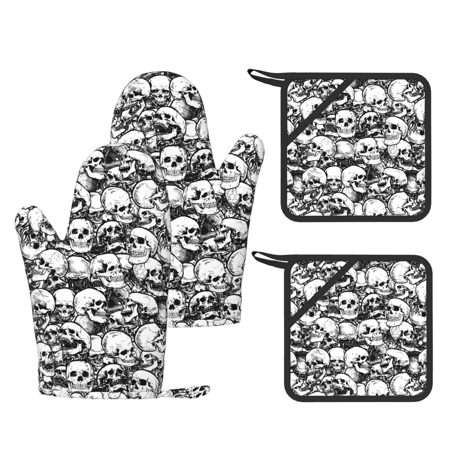 Nimongt Black And White Skulls Pattern Print Heat Resistant Gloves Pads Reusable Kitchen Set Oven Baking Grilling Cooking