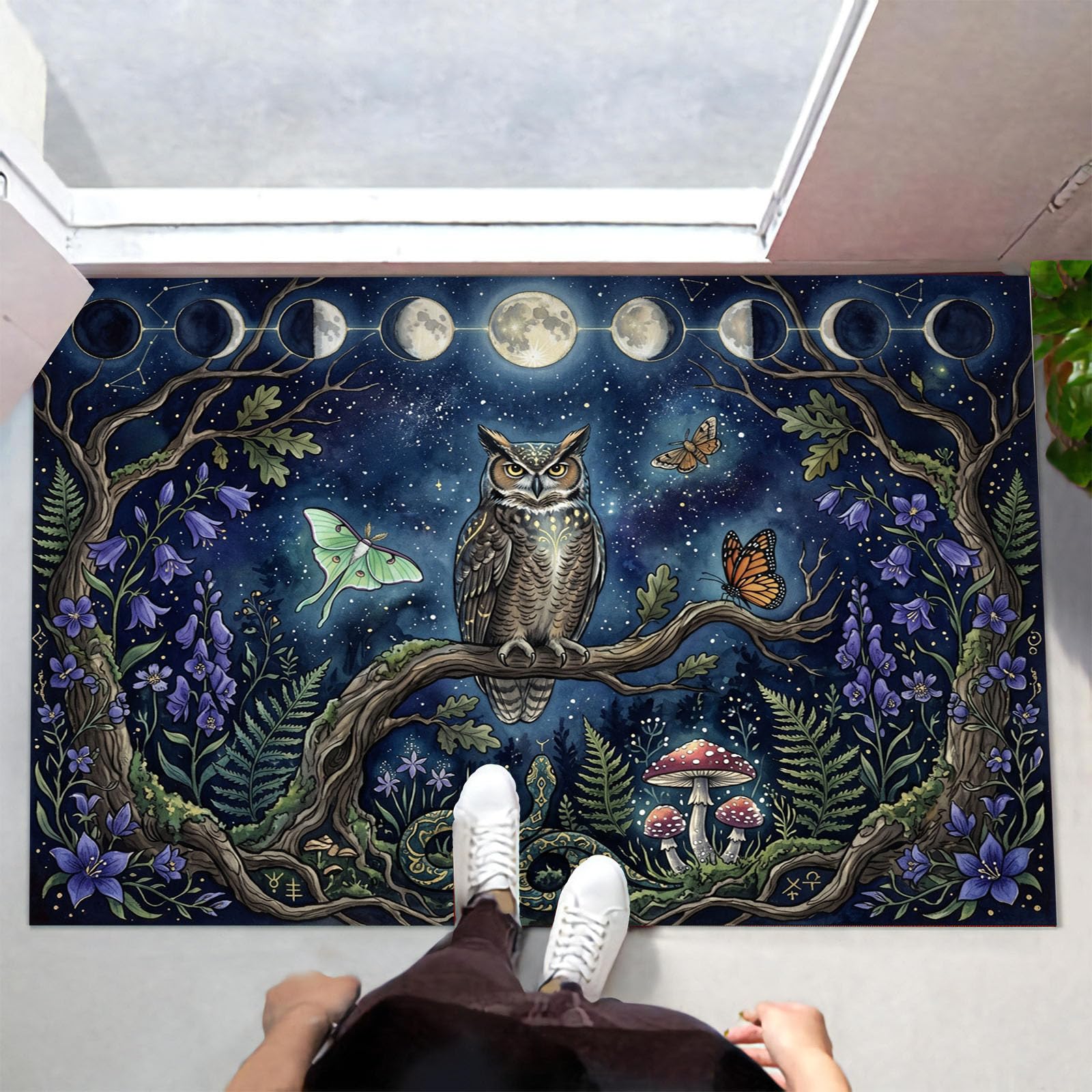 60X90Cm Zerbino Ingresso Interno Antiscivolo Assorbente, Tappeto Microfibra Sottile Lavabile Con Fasi Lunari Misteriose Cielo Stellato Gufo Foresta Incantata Per Cucina Bagno Porta Animali, Blu Navy