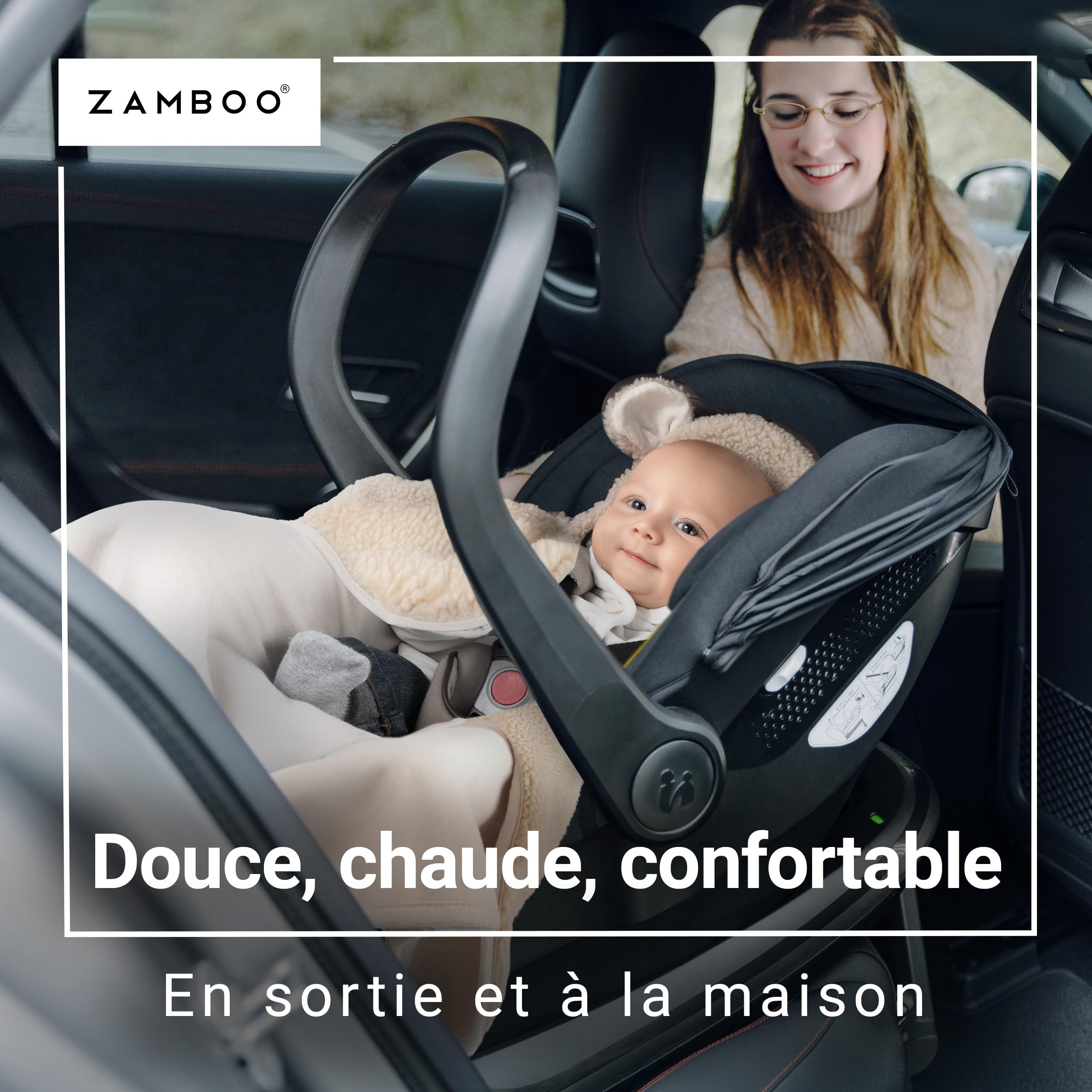 Zamboo Couverture Siege Auto Bebe en Polaire Peluche 80x80 cm – Plaid Bébé Enveloppant avec Fentes Harnais, Oeko-Tex – pour Siège-Auto, Cosy, Nacelle et Poussette – Teddy Beige