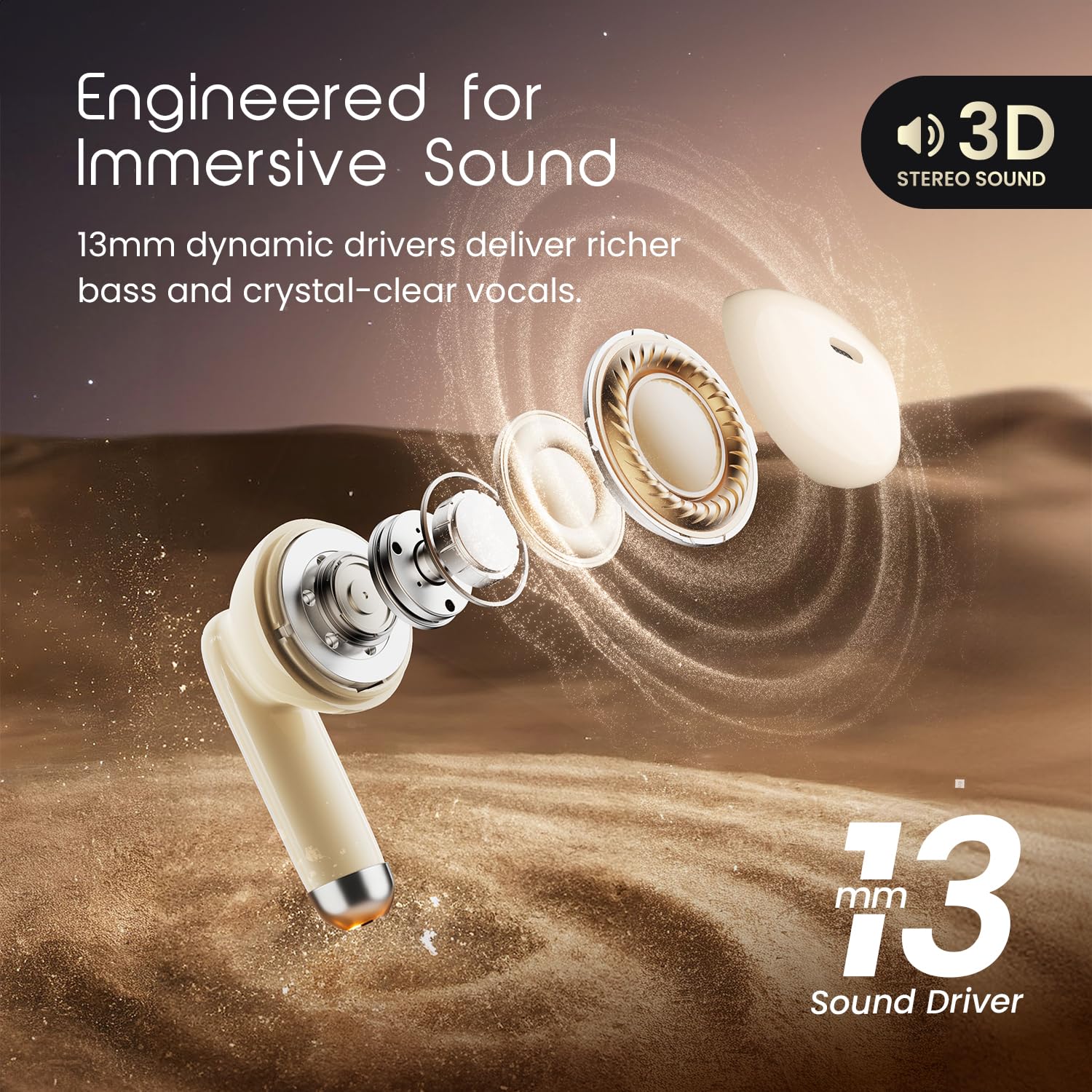 HAMMER Ultra Pods True Wireless Earbuds with in-Built Mic, 100H Standby Time, 1H Charging USB Type-C, 13mm Dynamic Drivers, 50H Playtime, BT v6.0 Connectivity, IPX5 Water Resistant (Beige) — Amazon image 3