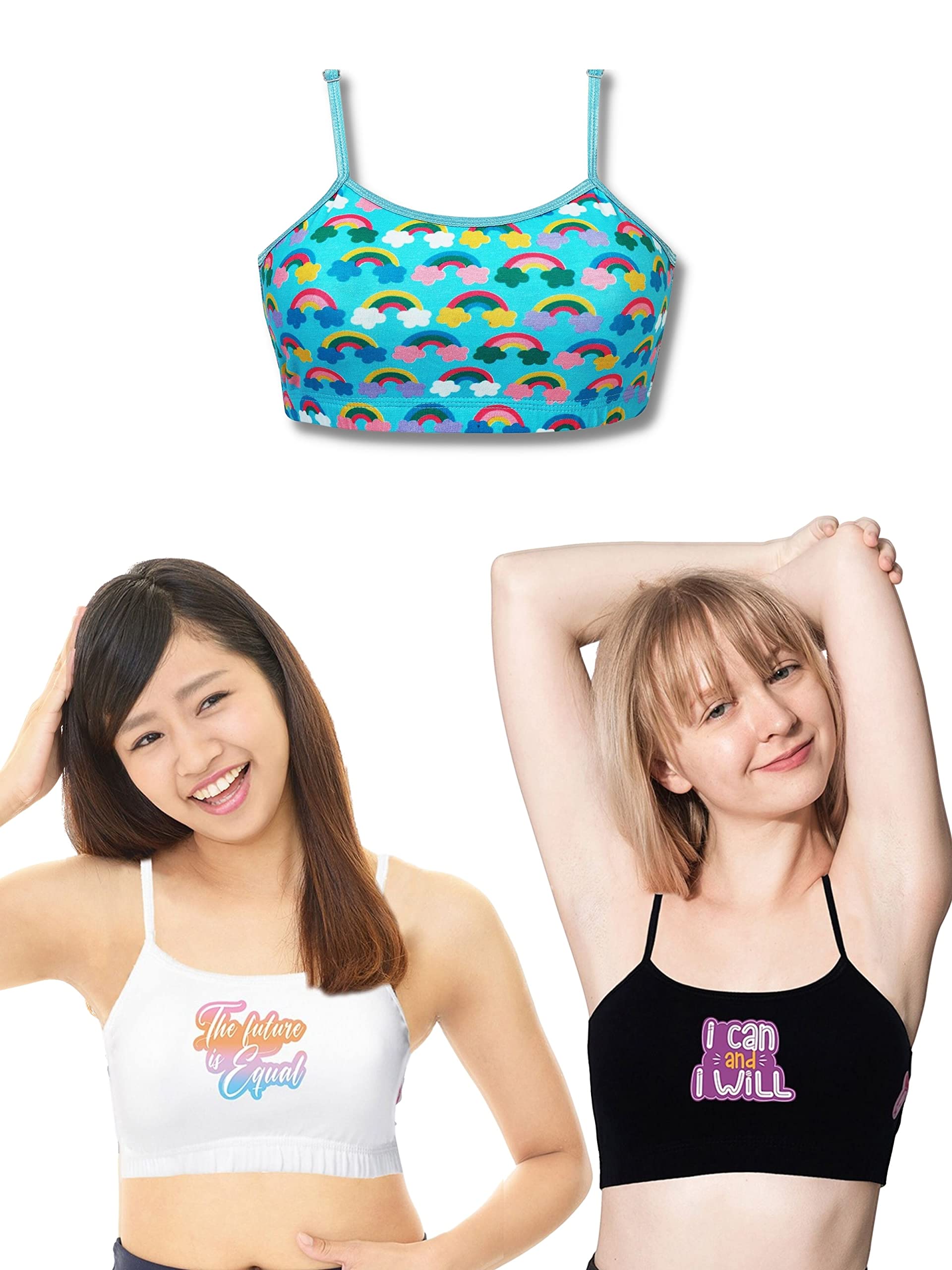 D'chicaUniform Bras for Girls Printed Beginners Bra (Pack of 3) Cotton Non-Padded Full Coverage Seamless Non-Wired Gym Workout Bra with Adjustable Thin Strap, Slip-on Training Bra for Teenager